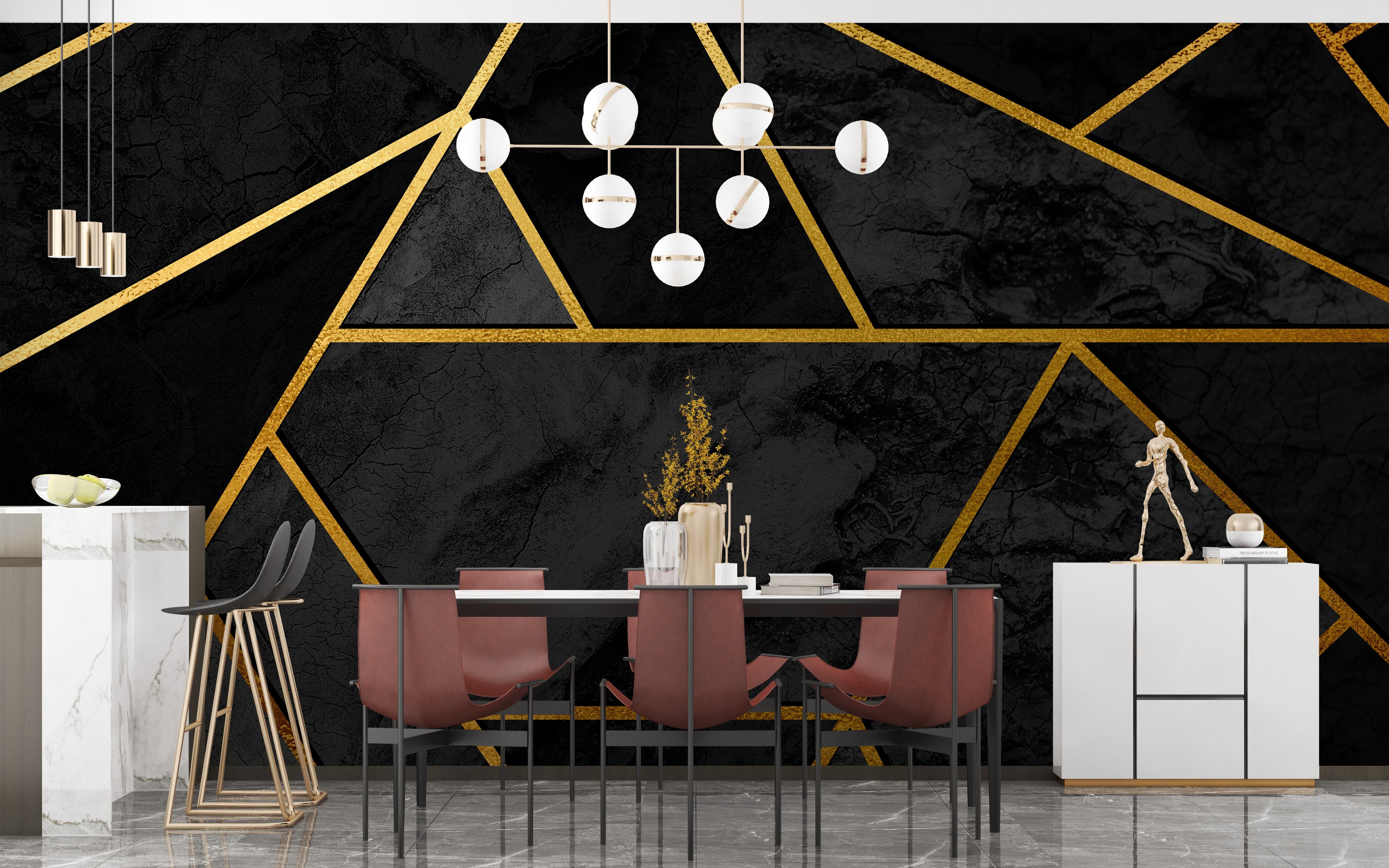 Black & Gold Geometric Mosaic 3D Wallpaper Mural - Giffywalls