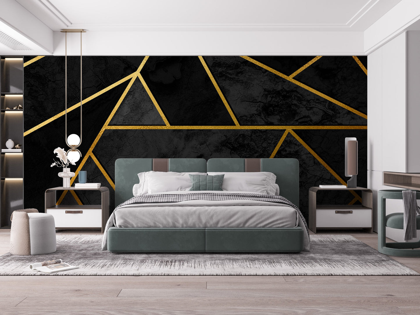 Black & Gold Geometric Mosaic 3D Wallpaper Mural - Giffywalls