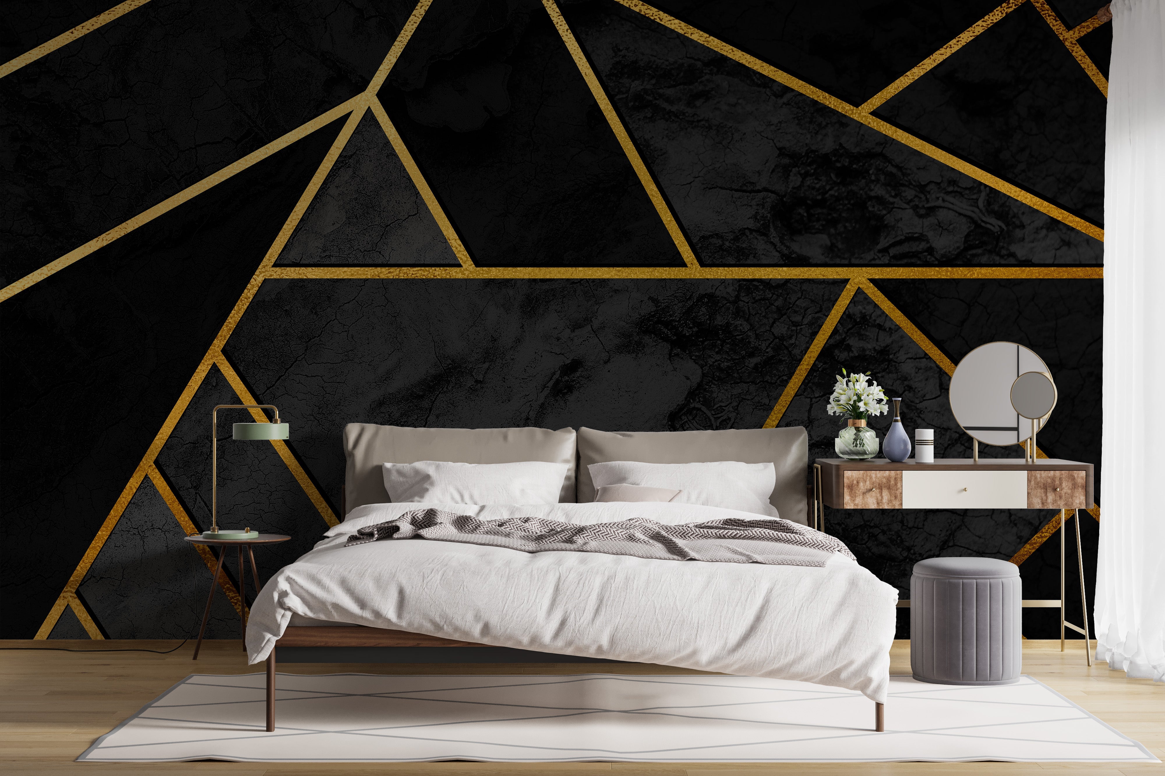 Elegant black and gold geometric mosaic mural
