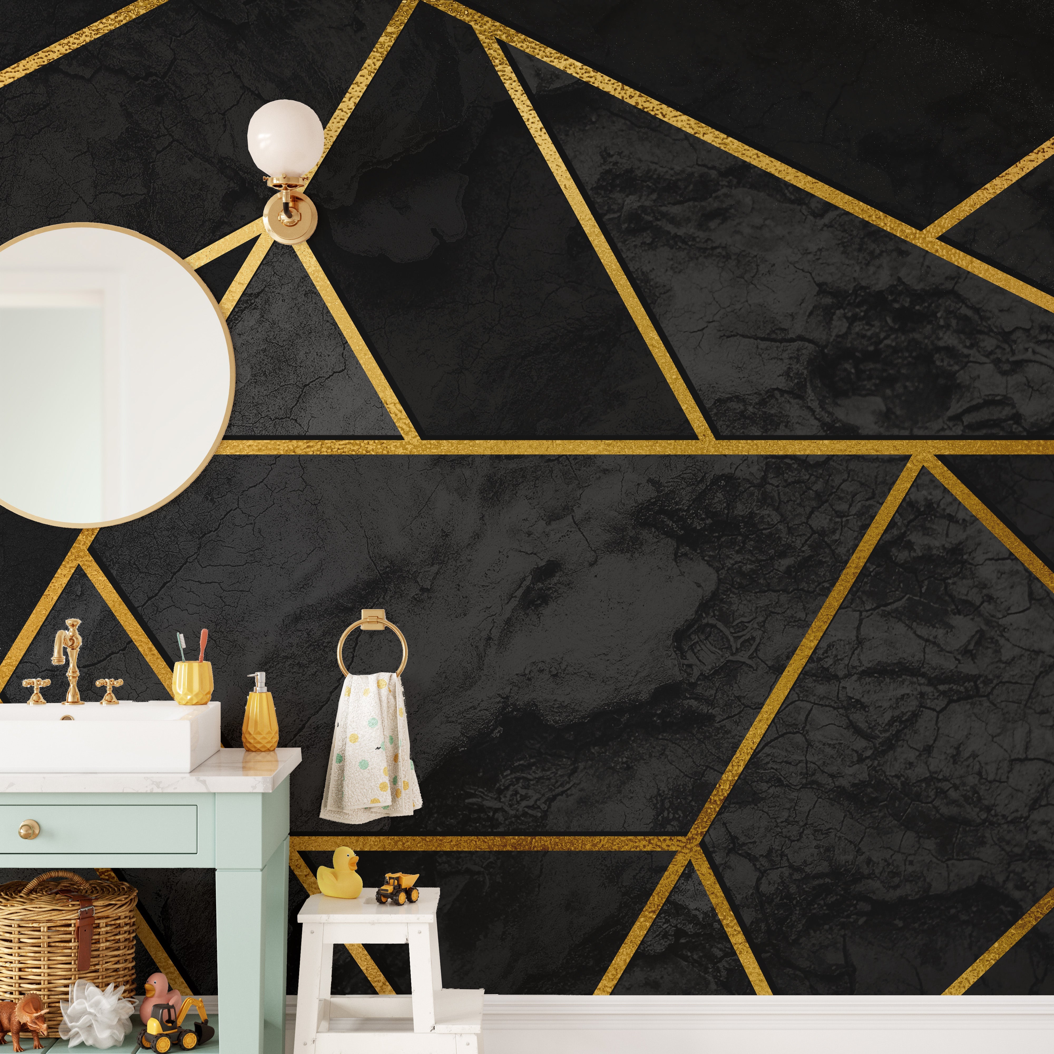 Black & Gold Geometric Mosaic 3D Wallpaper Mural - Giffywalls