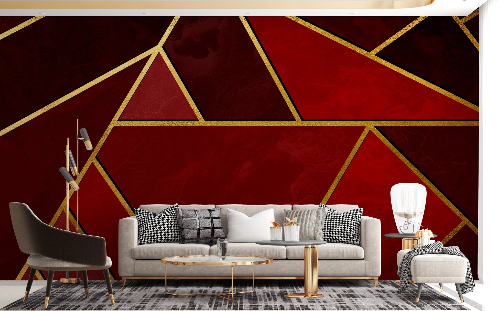 Bold abstract mural with red and gold mosaics
