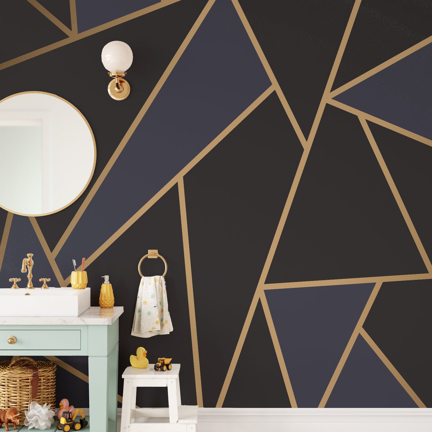 Bold abstract mosaic mural in blue and gold
