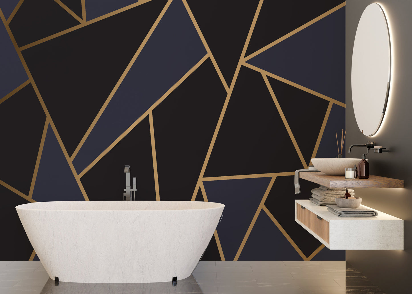 Artistic mosaic wall decor with gold accents
