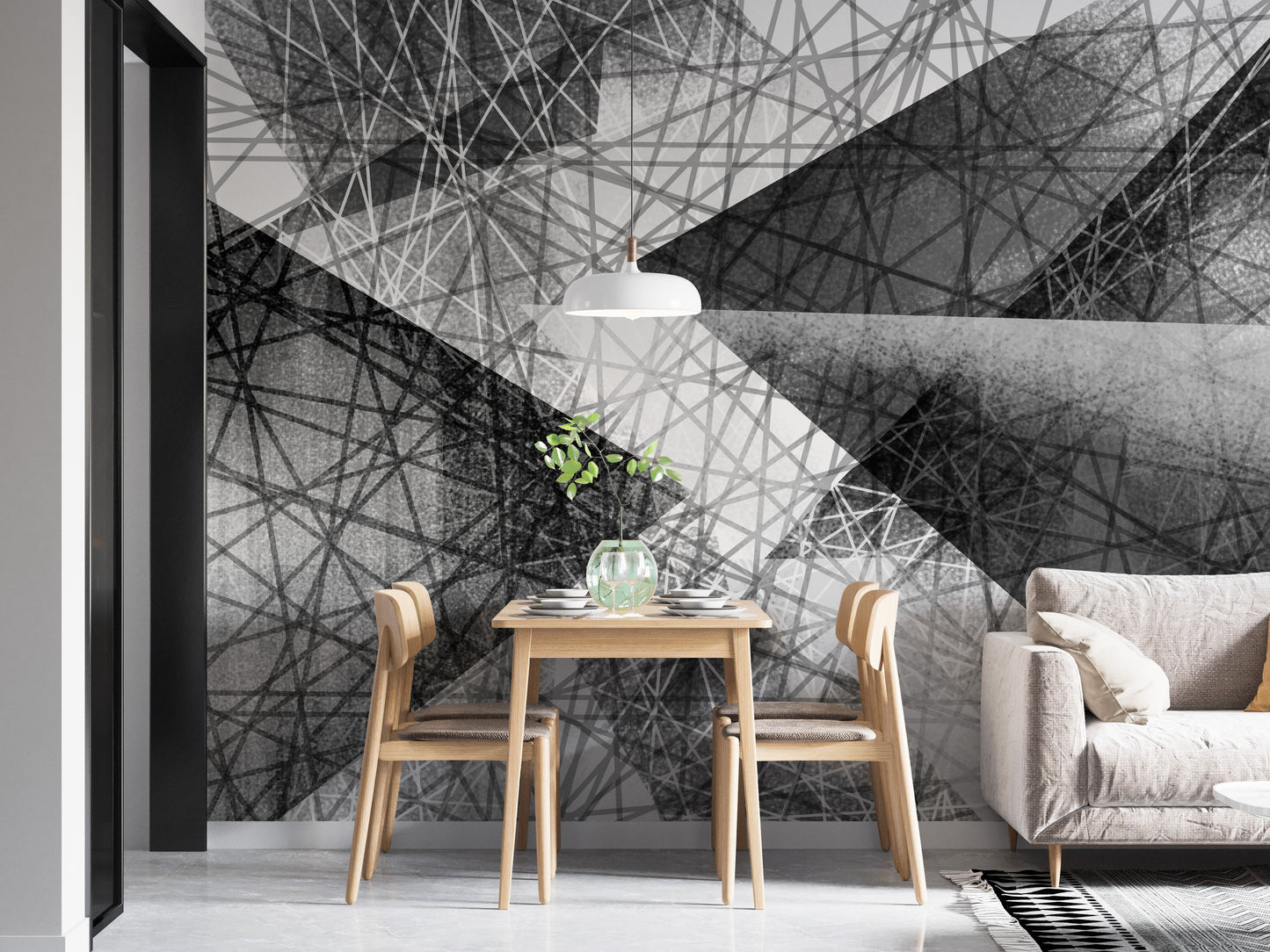 Monochrome geometric wall design in black and white
