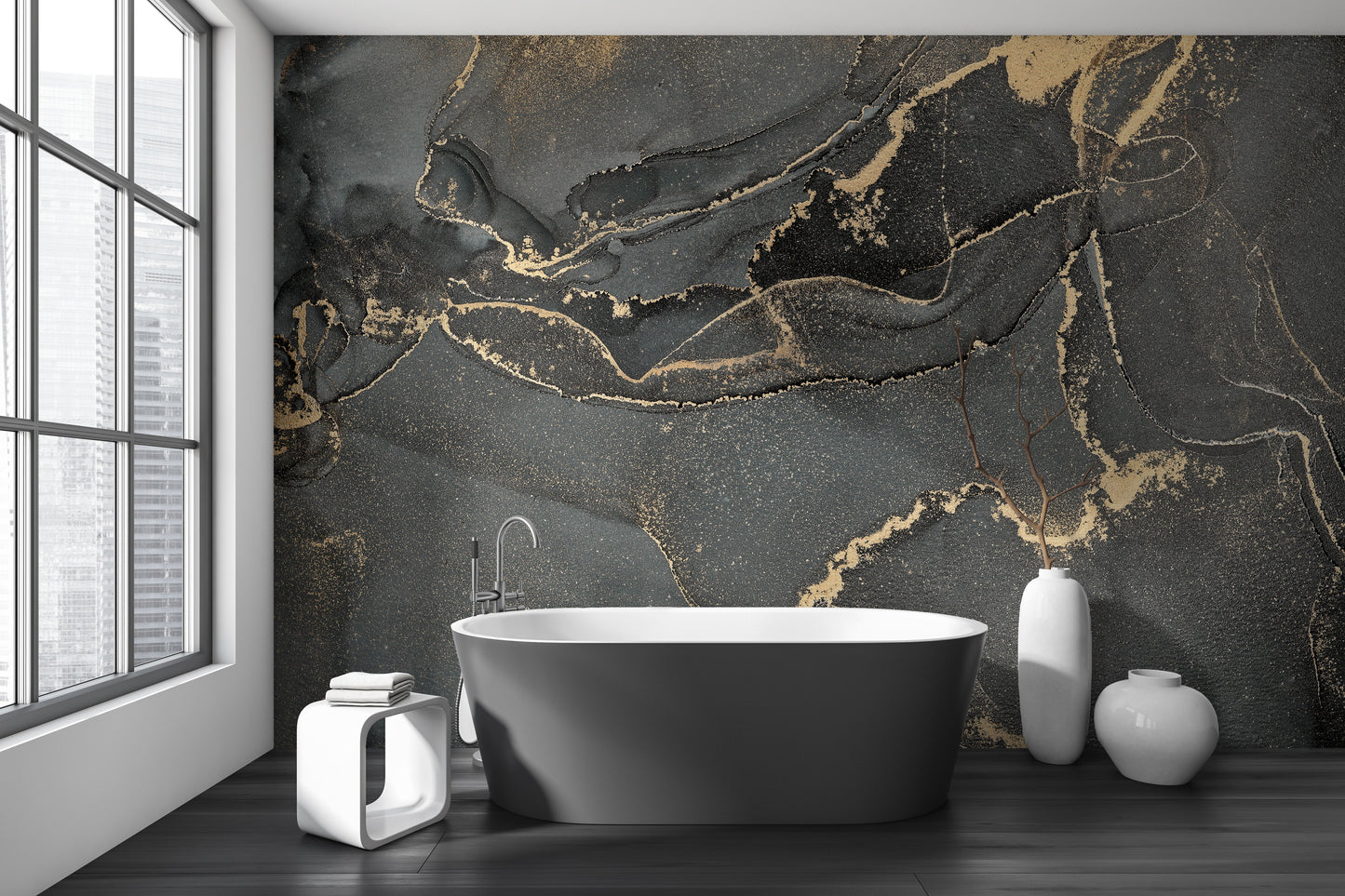 Abstract wallpaper mural in dark grey with alcohol art style.
