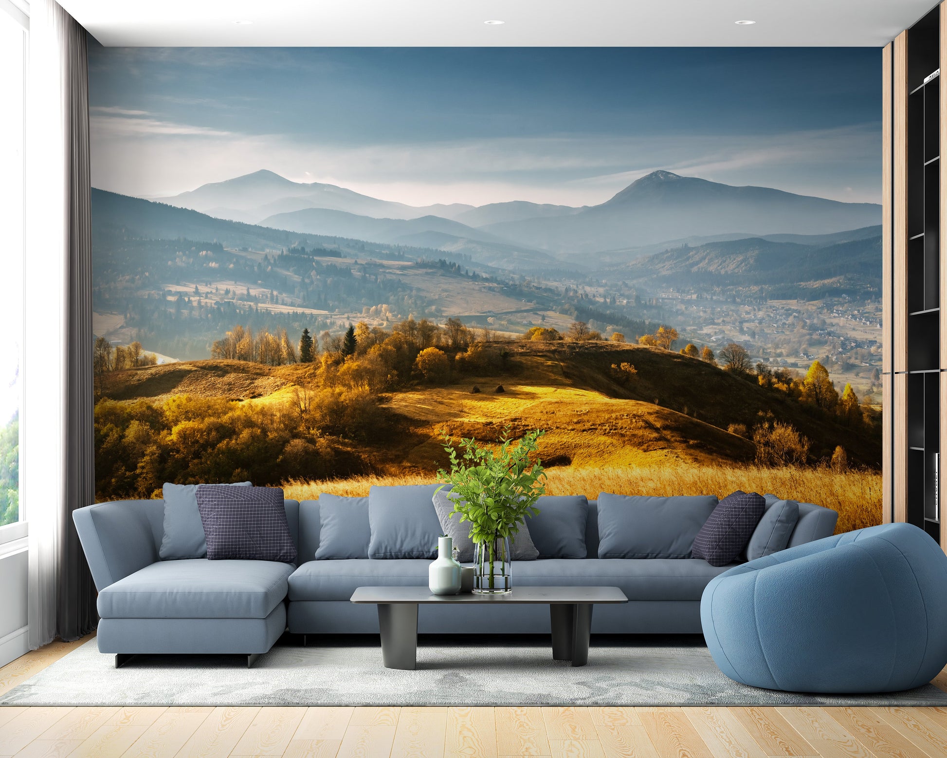 Vibrant fall mountain mural with natural charm
