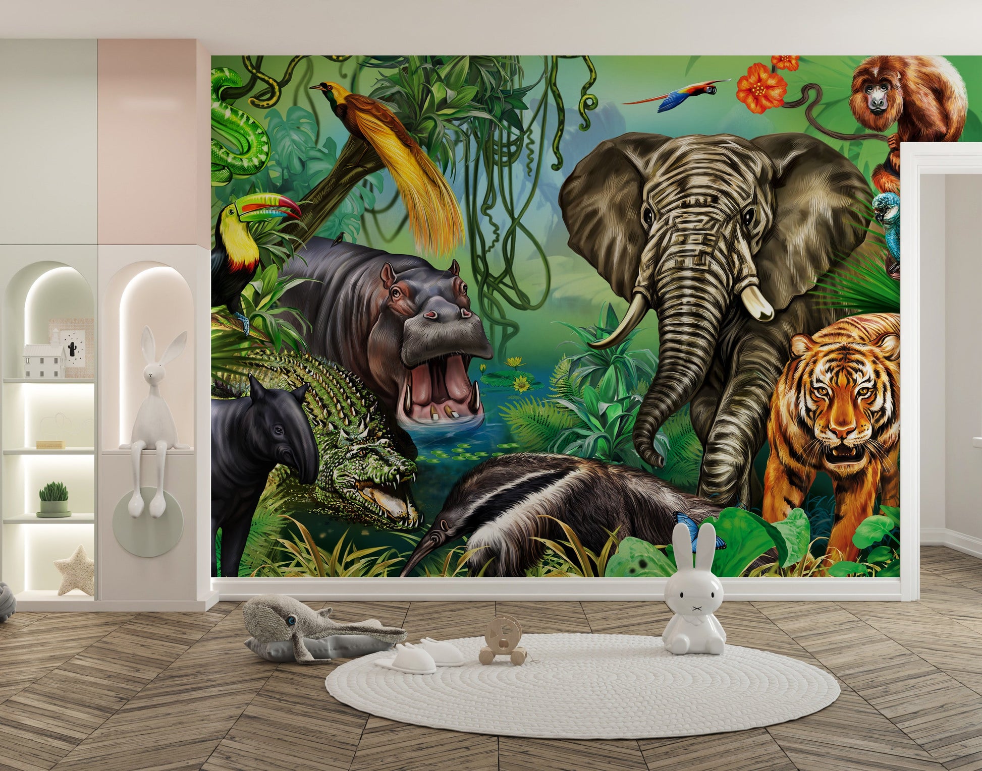 Green Forest Wildlife Kids Room Wallpaper Mural - Giffywalls