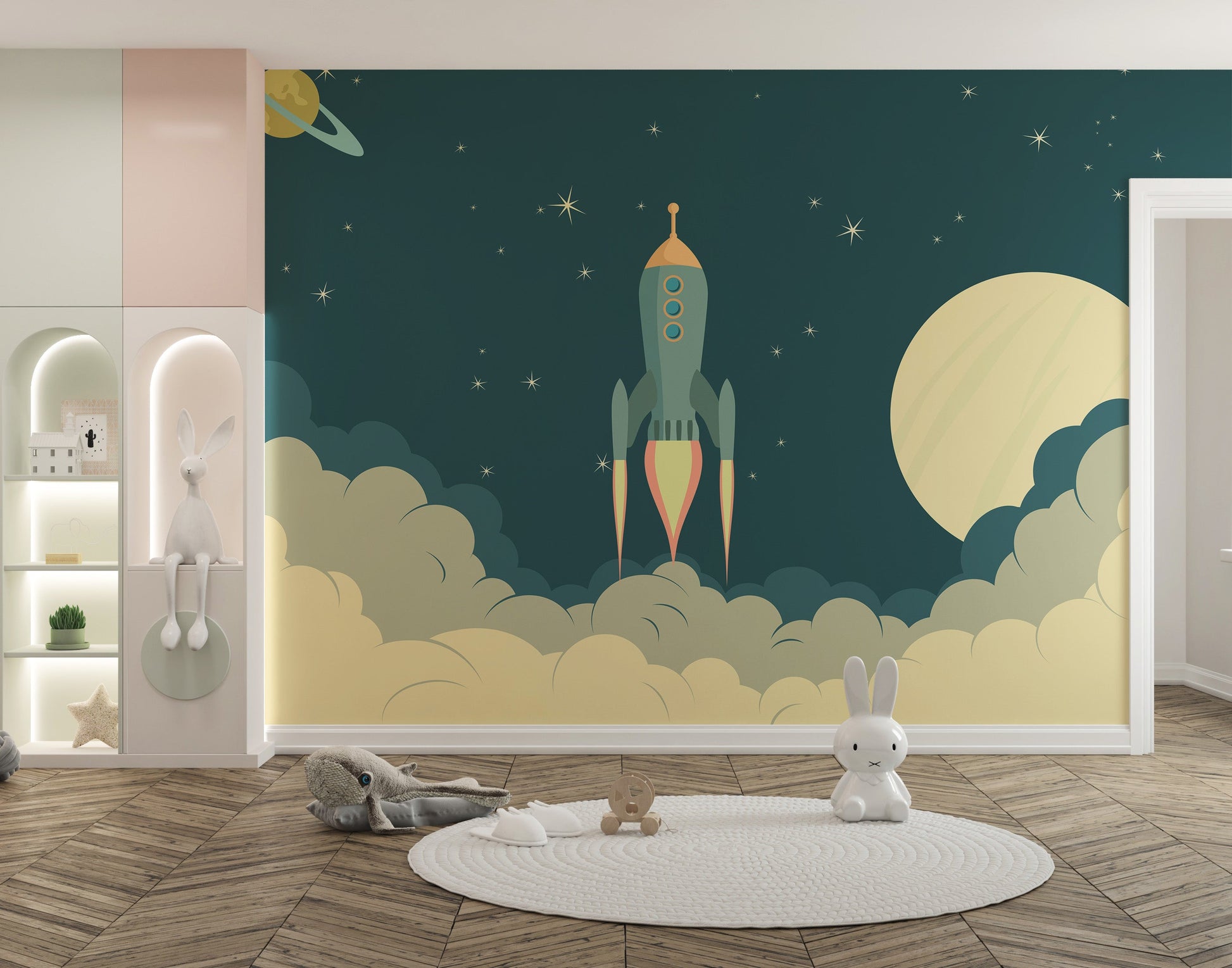 Playful rocket wallpaper for children’s spaces
