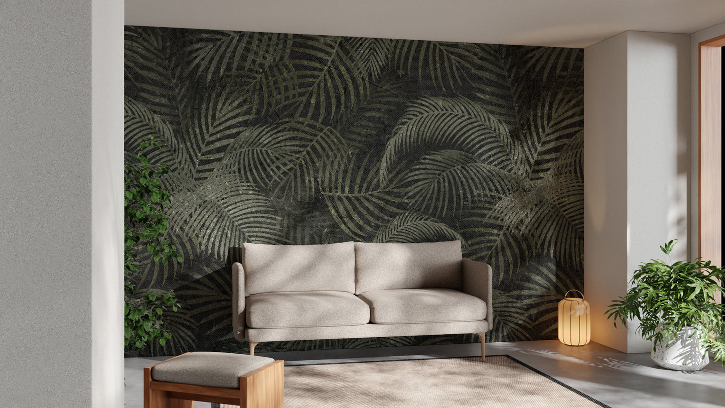 Green Rustic Tropical Palms Wallpaper Mural - Giffywalls