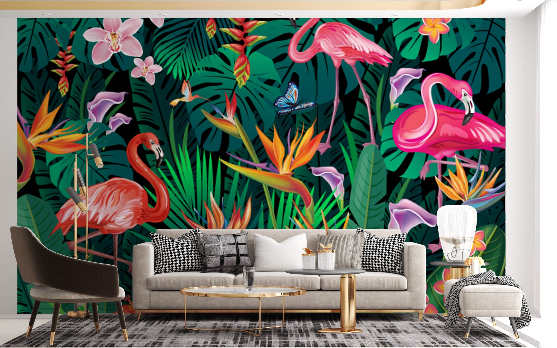 Stylish fancy flamingos wallpaper mural for interiors