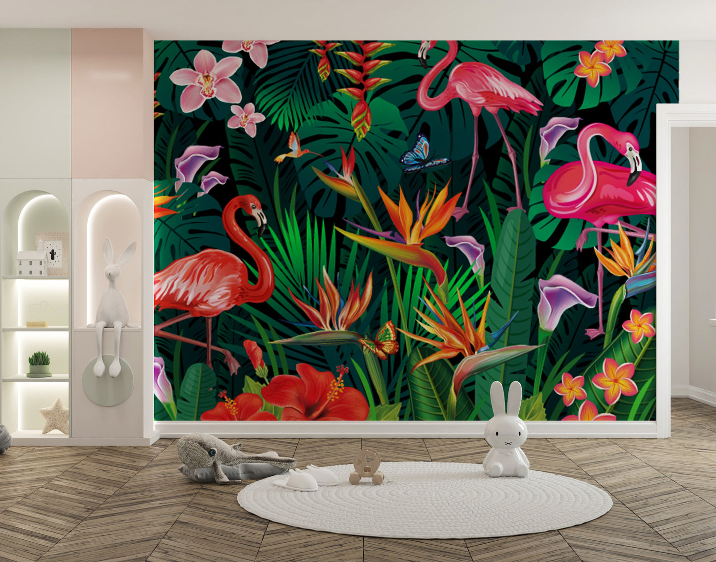 Playful fancy flamingos wallpaper mural for rooms