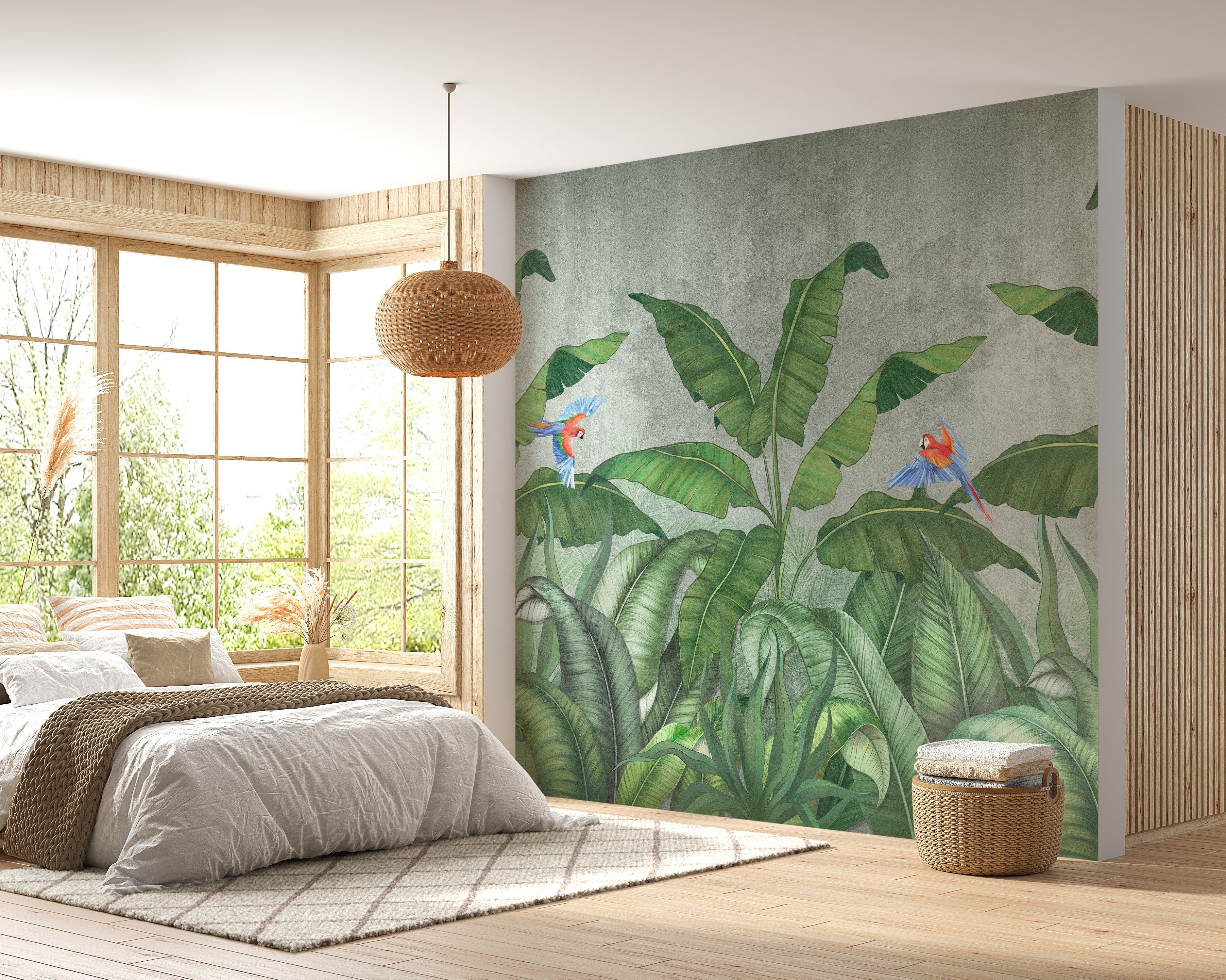 Green Plantains & Parrots Wallpaper Mural - Giffywalls