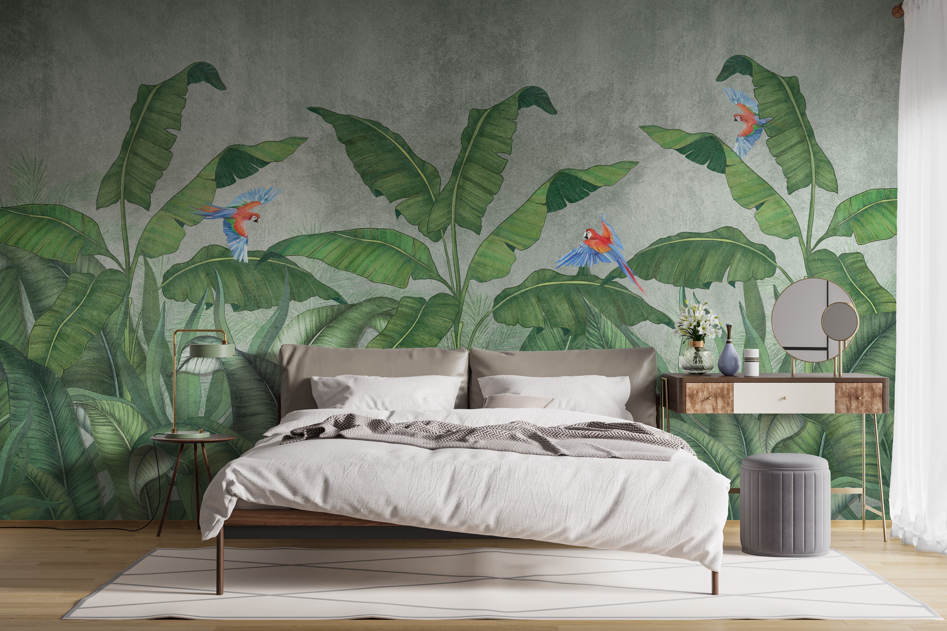 Green Plantains & Parrots Wallpaper Mural - Giffywalls