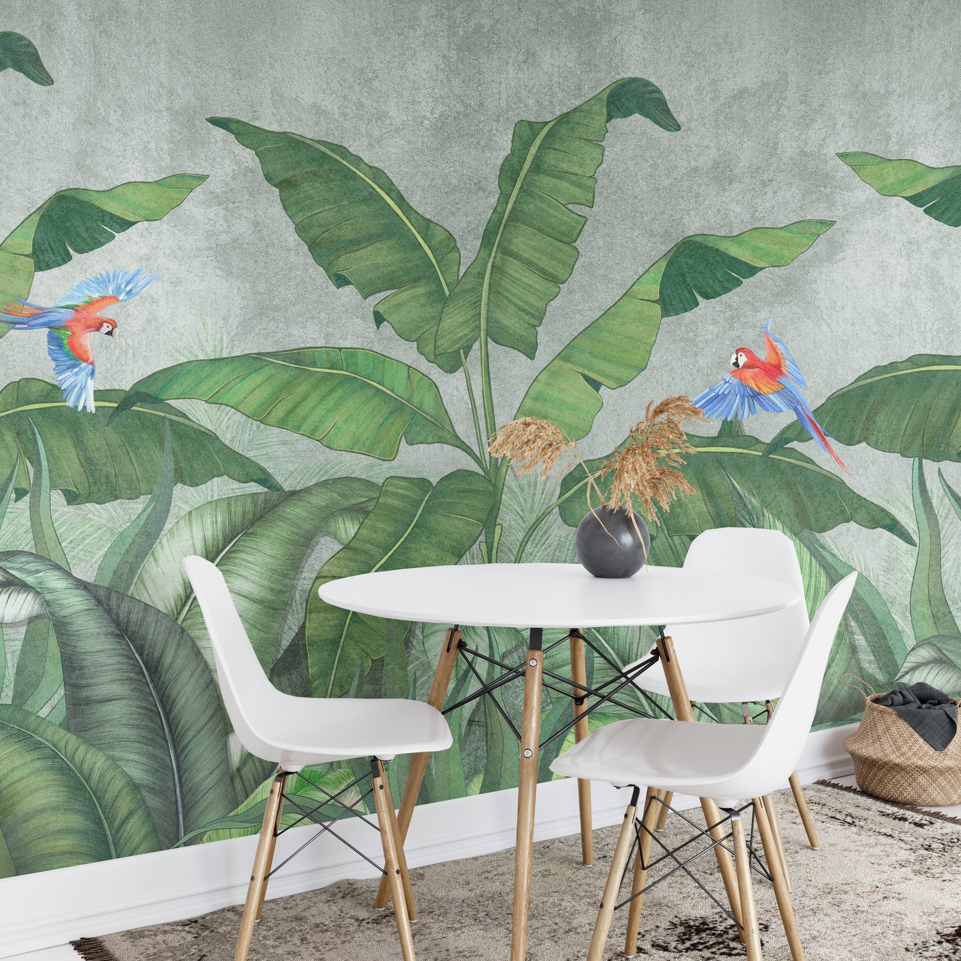 Green Plantains & Parrots Wallpaper Mural - Giffywalls