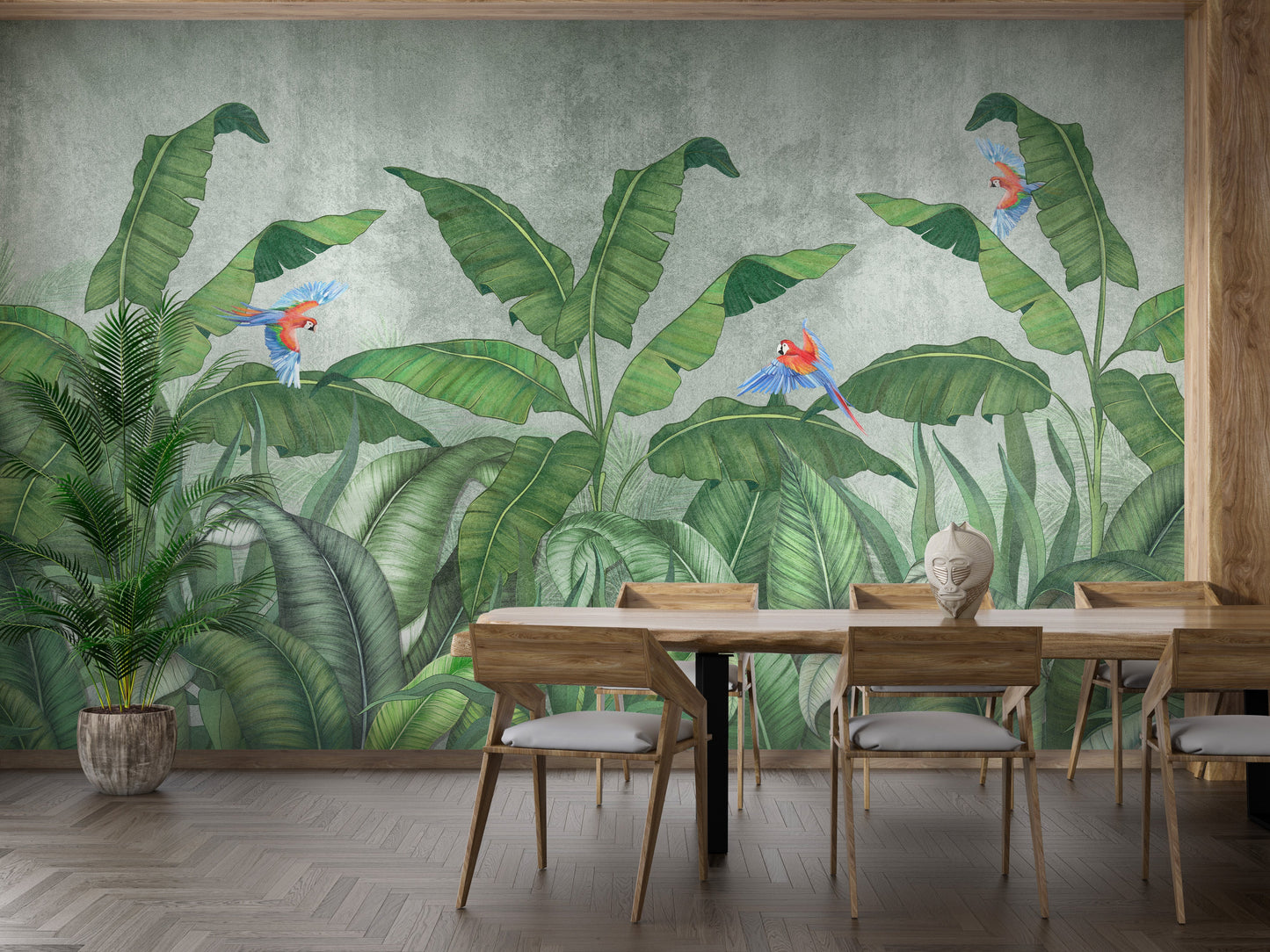 Green Plantains & Parrots Wallpaper Mural - Giffywalls