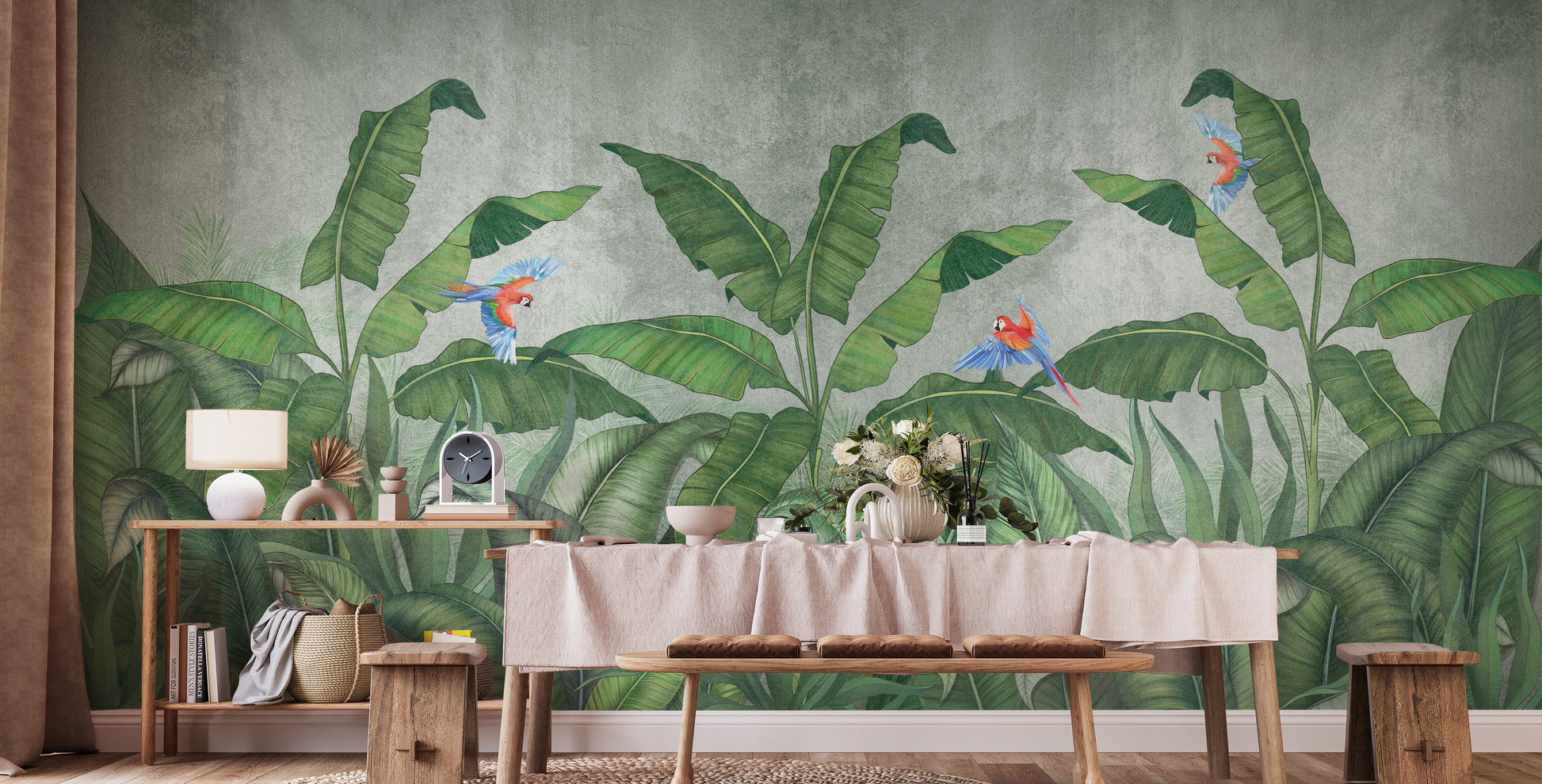 Green plantains and parrots wallpaper mural for walls