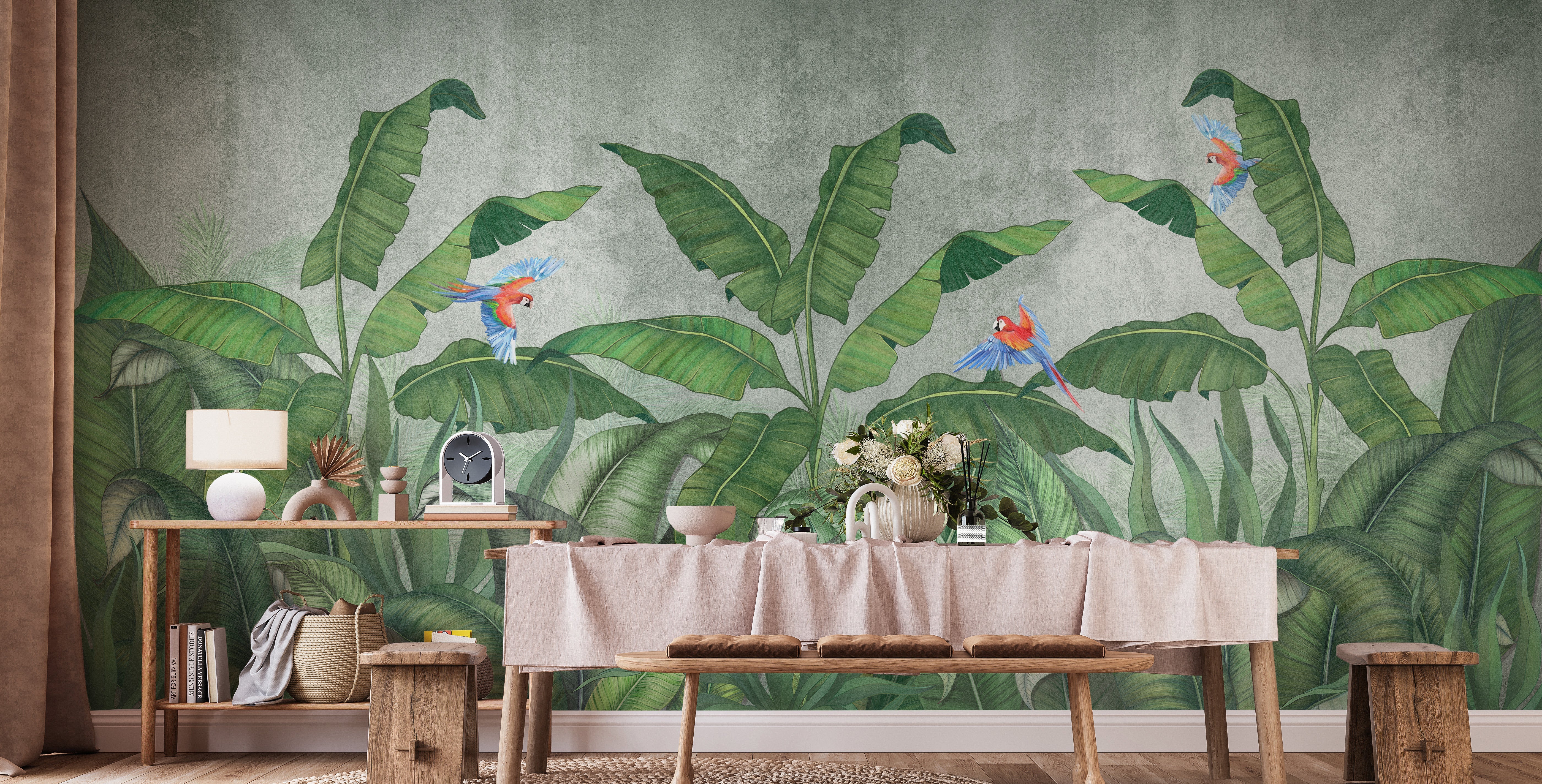 Green plantains and parrots wallpaper mural for walls