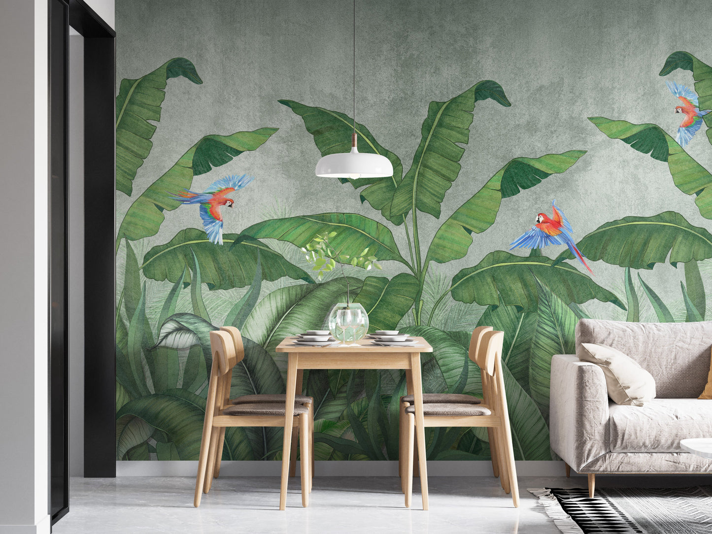 Colorful green plantains and parrots mural for spaces