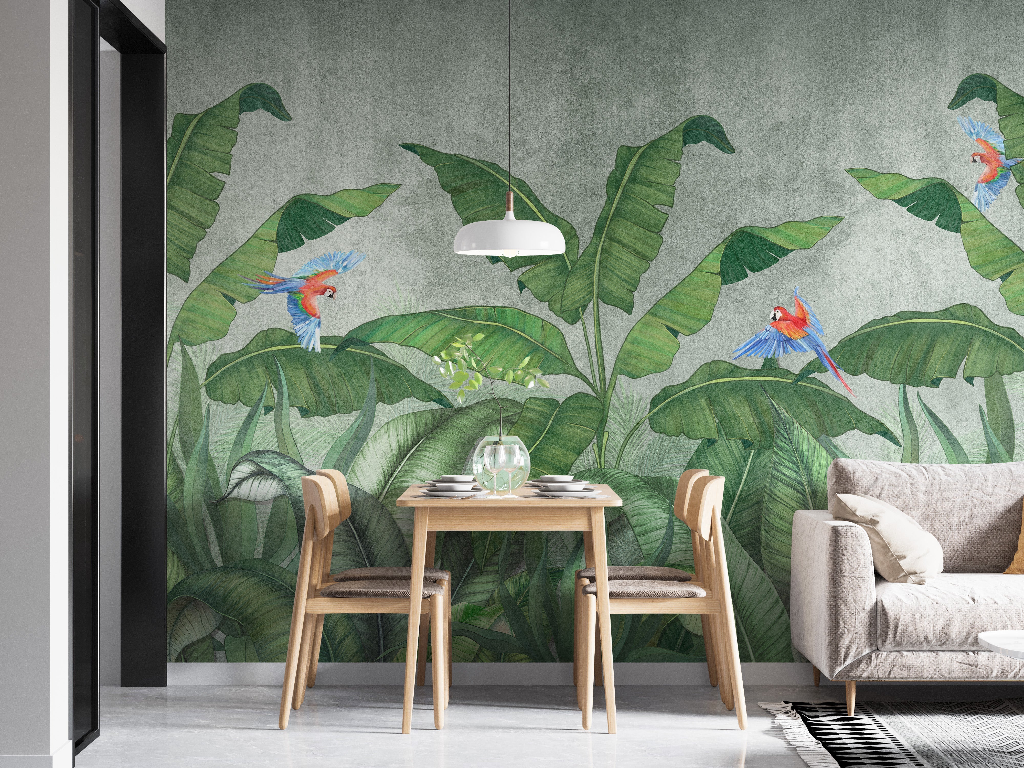 Colorful green plantains and parrots mural for spaces