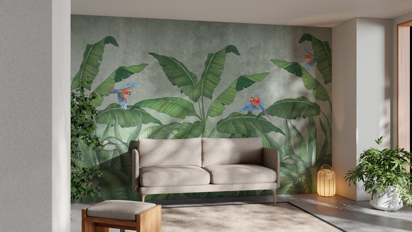 Green Plantains & Parrots Wallpaper Mural - Giffywalls