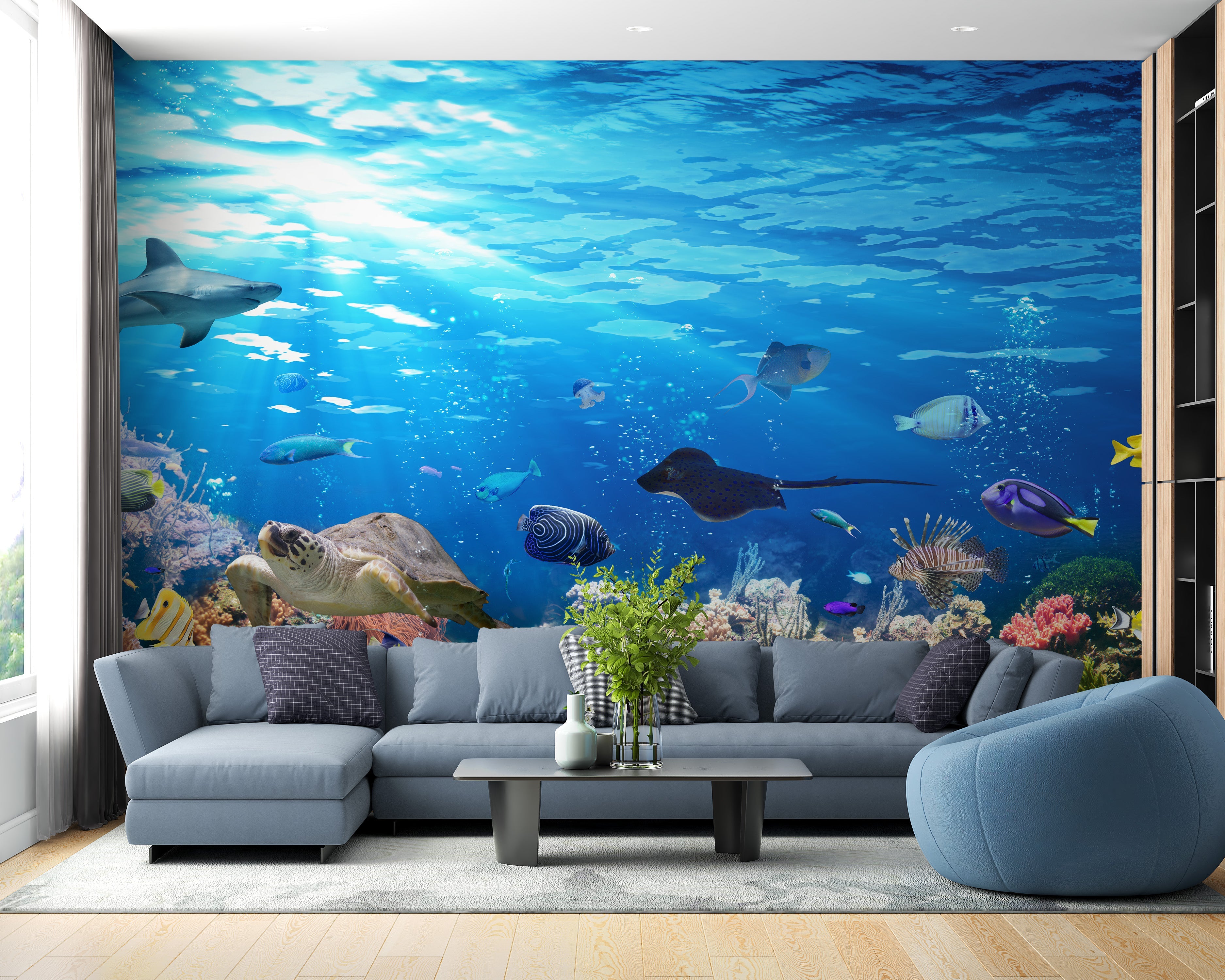 Deep Blue Sea Water with Corel Reef wallpaper Mural - Giffywalls