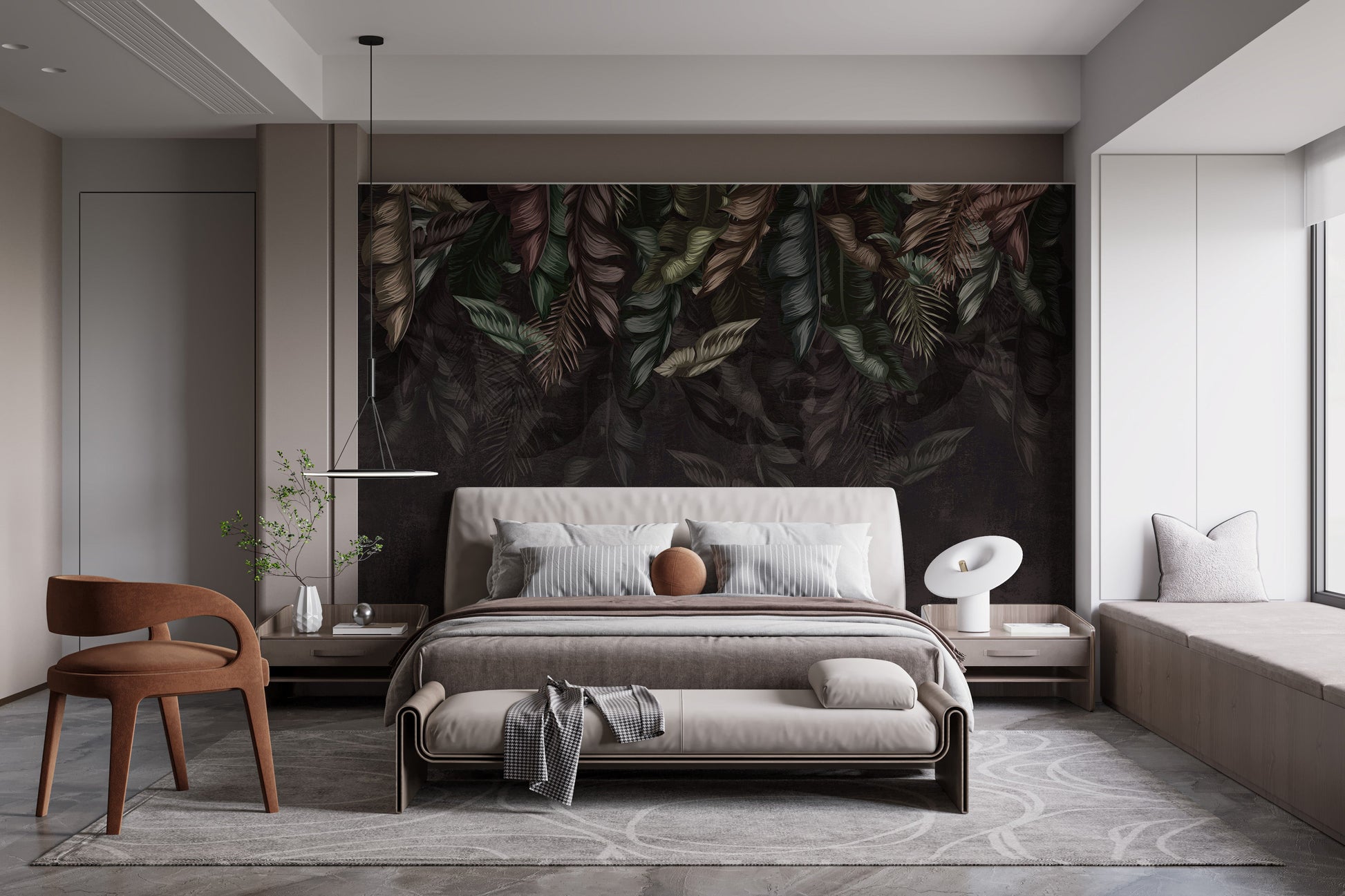 Dark hanging tropical leaves wallpaper mural