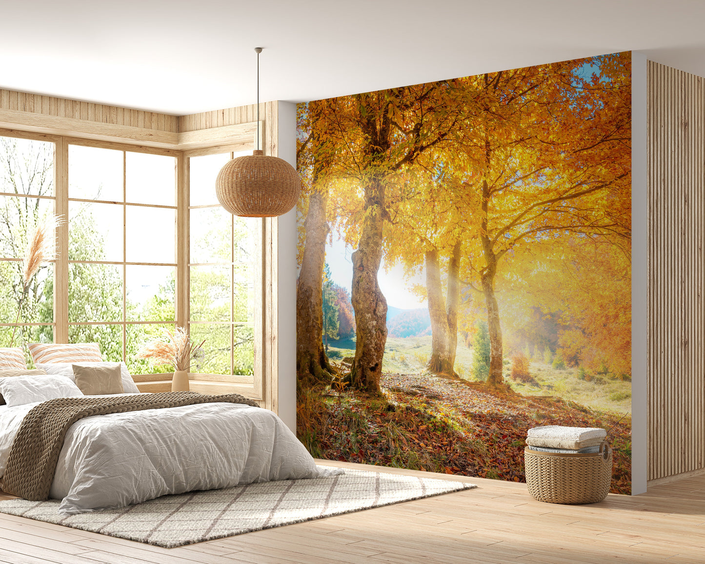 Yellow autumn leaves forest wallpaper mural