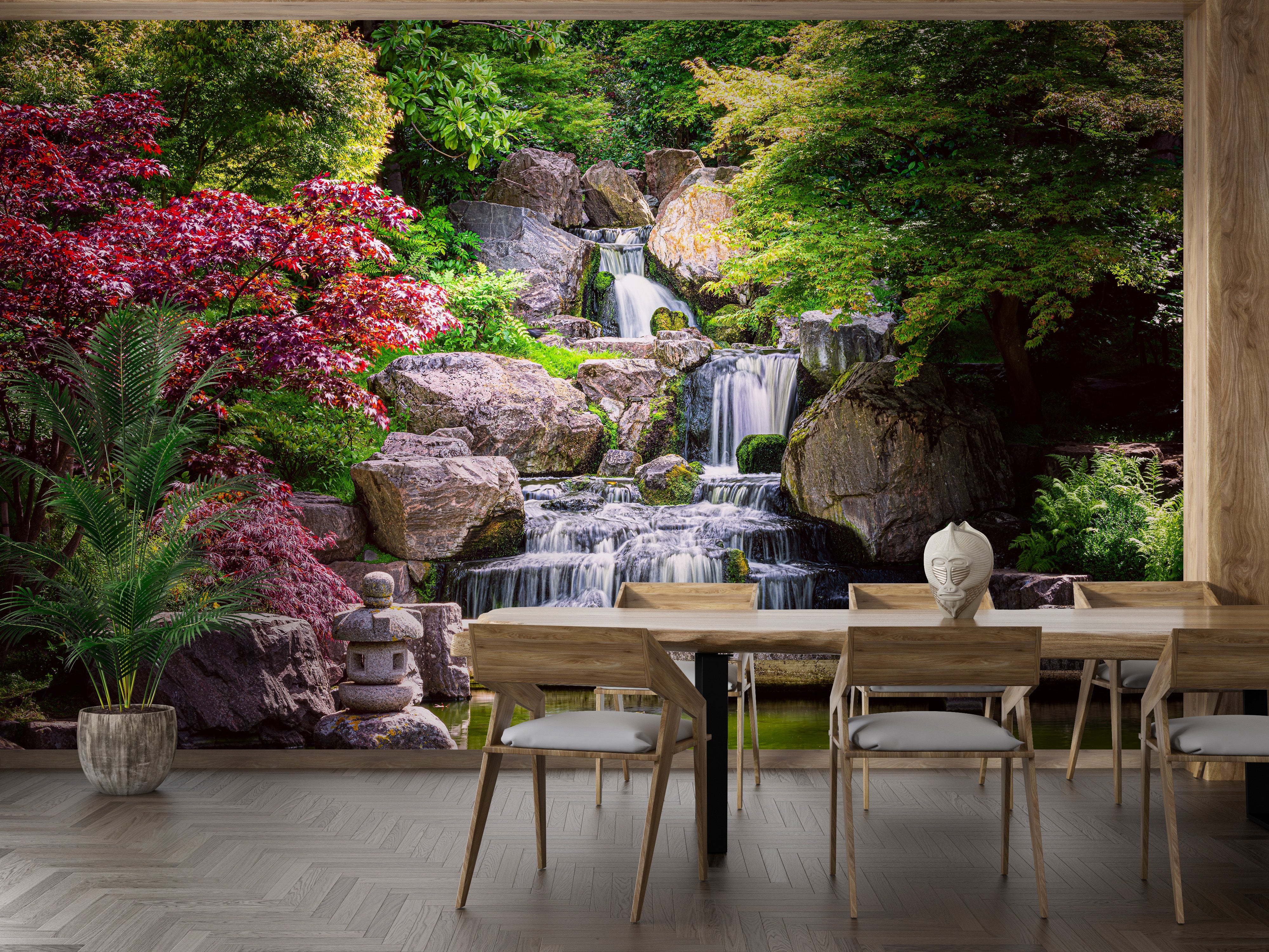 Serene garden waterfall nature wallpaper mural design