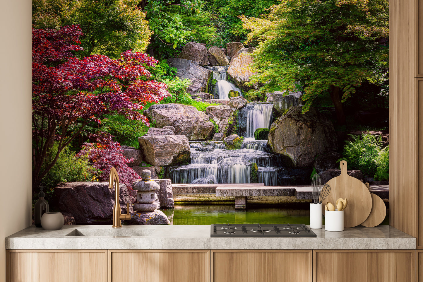 Beautiful garden waterfall nature mural for rooms