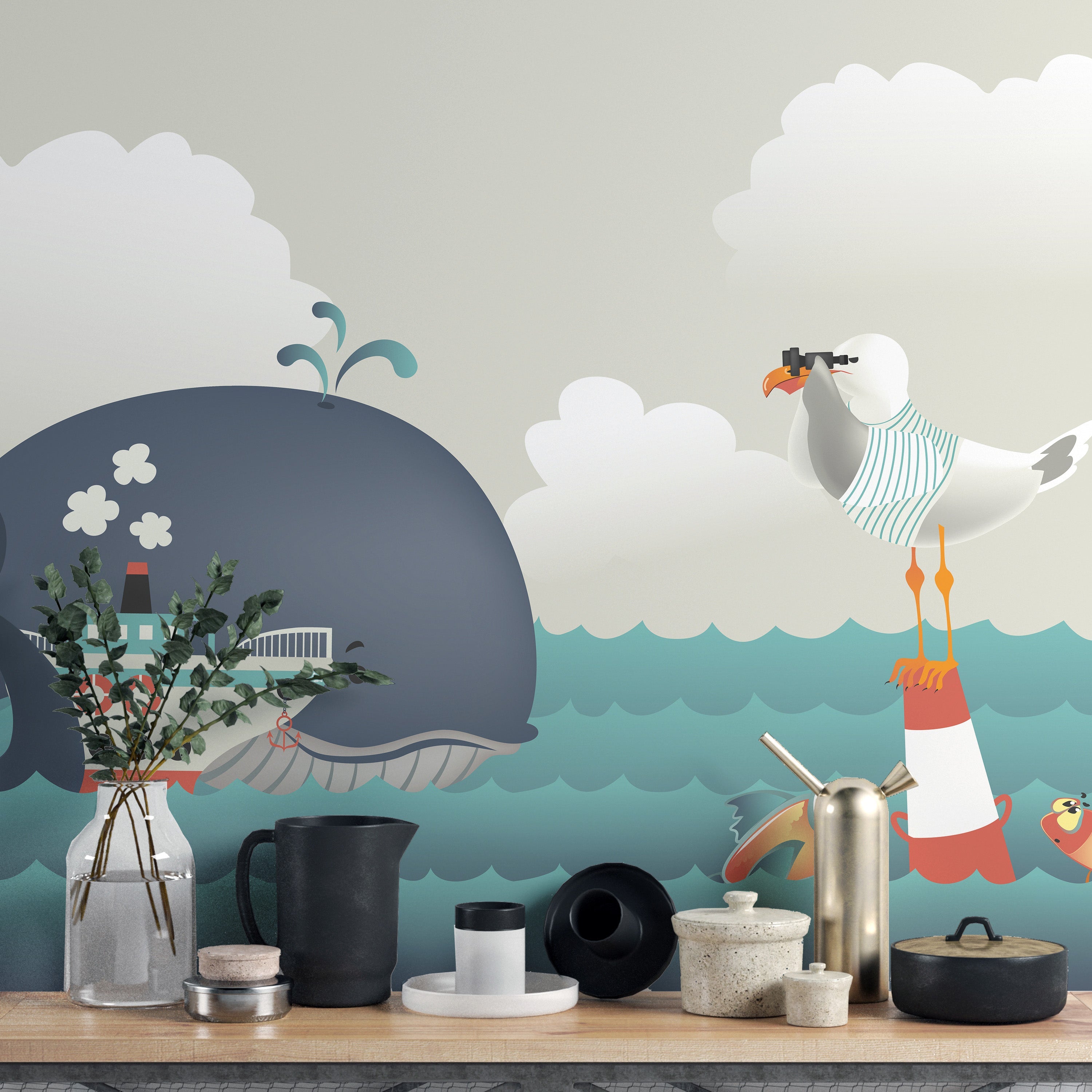 Whale & Steamer Kids Wallpaper Mural - Giffywalls