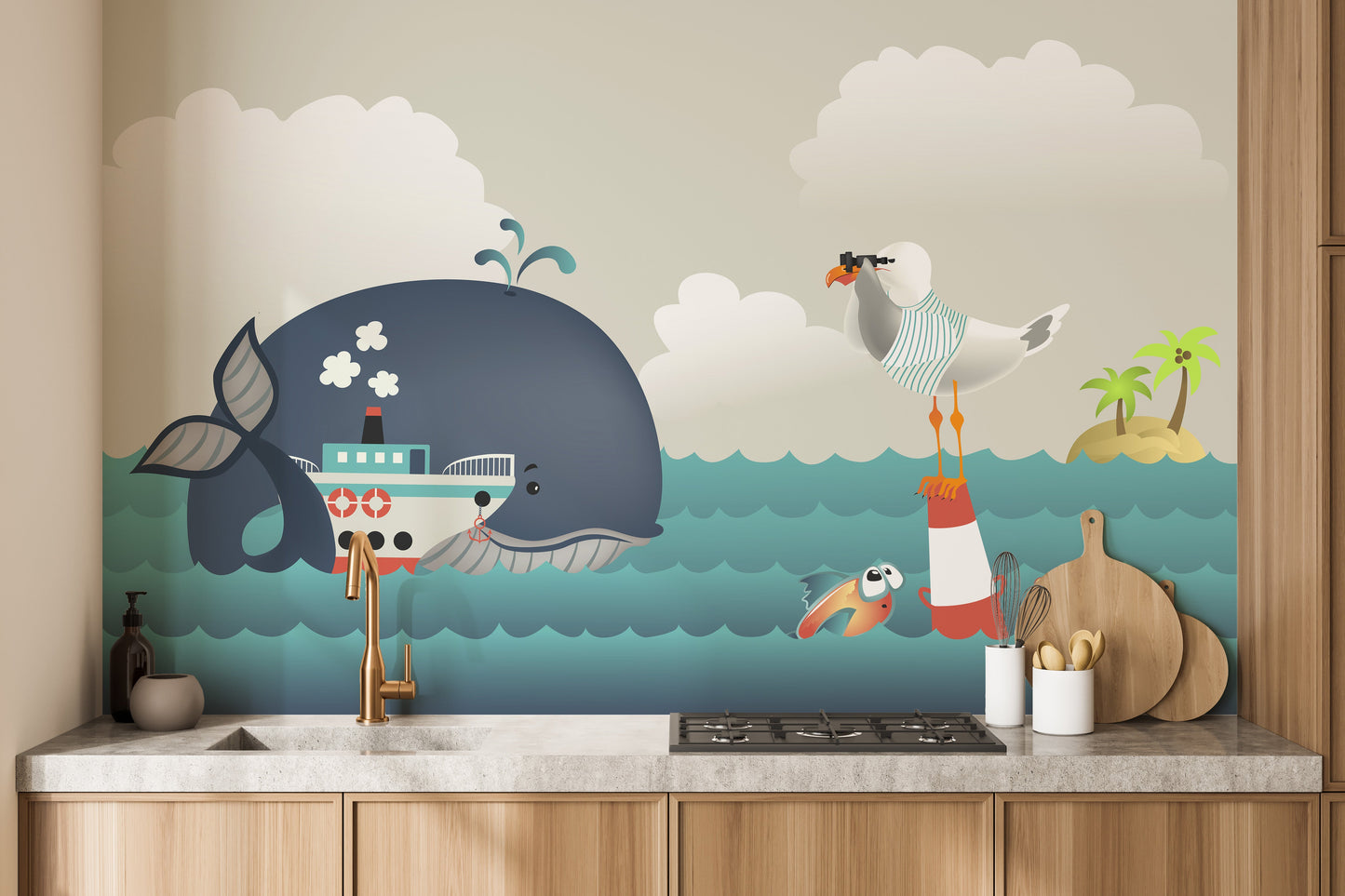 Whale & Steamer Kids Wallpaper Mural - Giffywalls