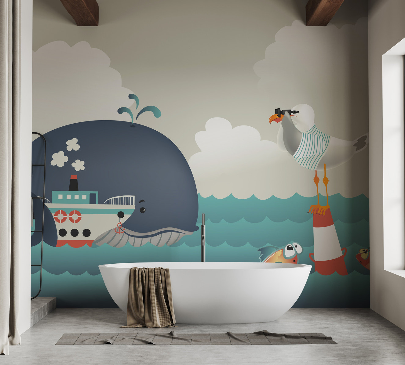 Whale & Steamer Kids Wallpaper Mural