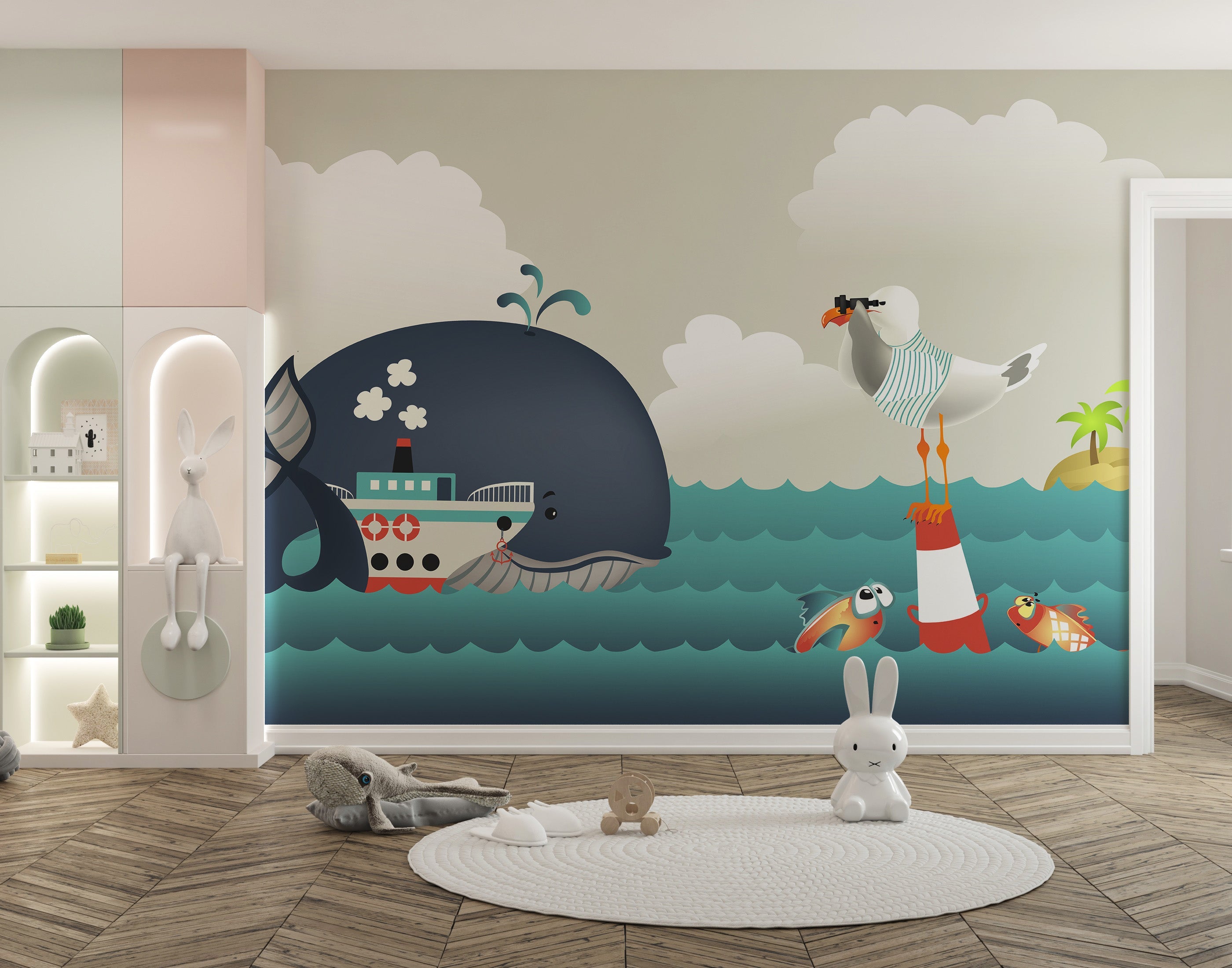 Whale & Steamer Kids Wallpaper Mural - Giffywalls