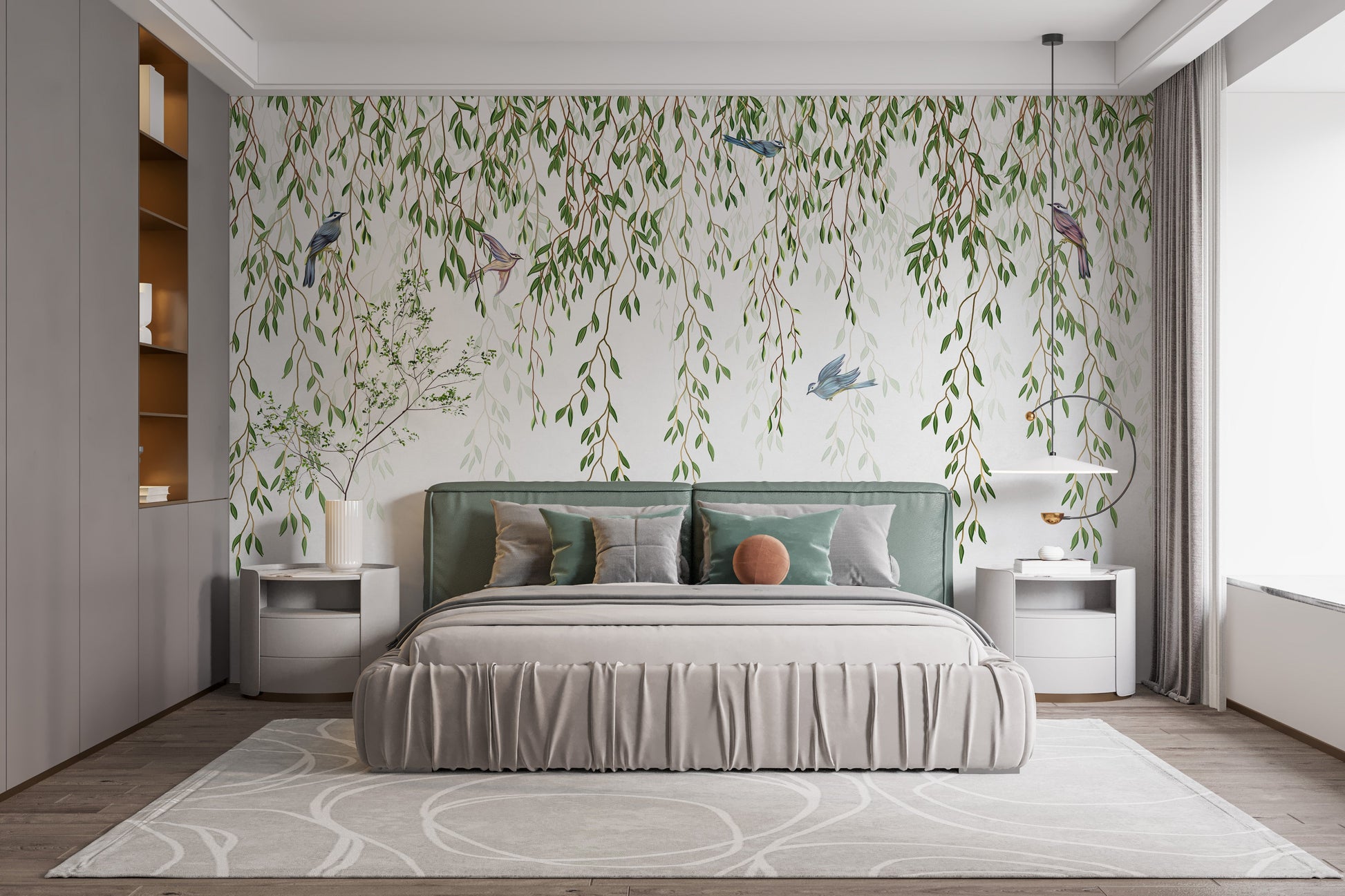 Beautiful willow branches and birds mural design