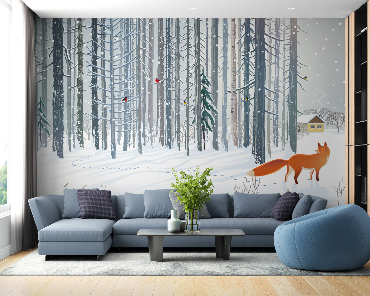 Winter forest fox mural for walls