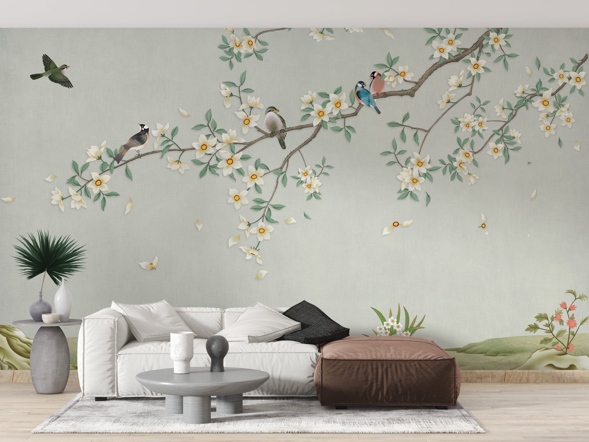 Nature-inspired living room Birds on Branch Wallpaper