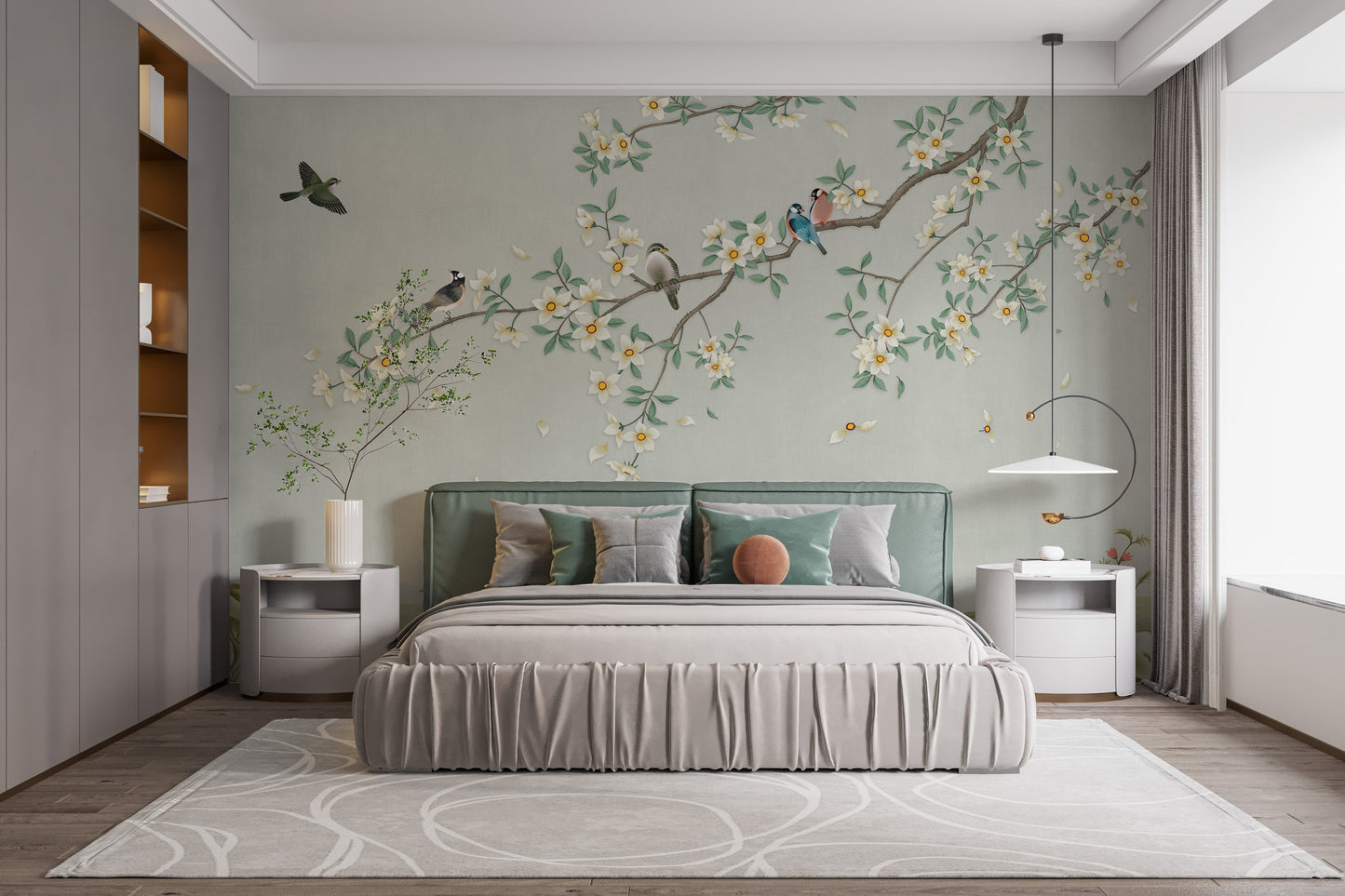 Birds on Branch Green Color Wallpaper Mural - Giffywalls