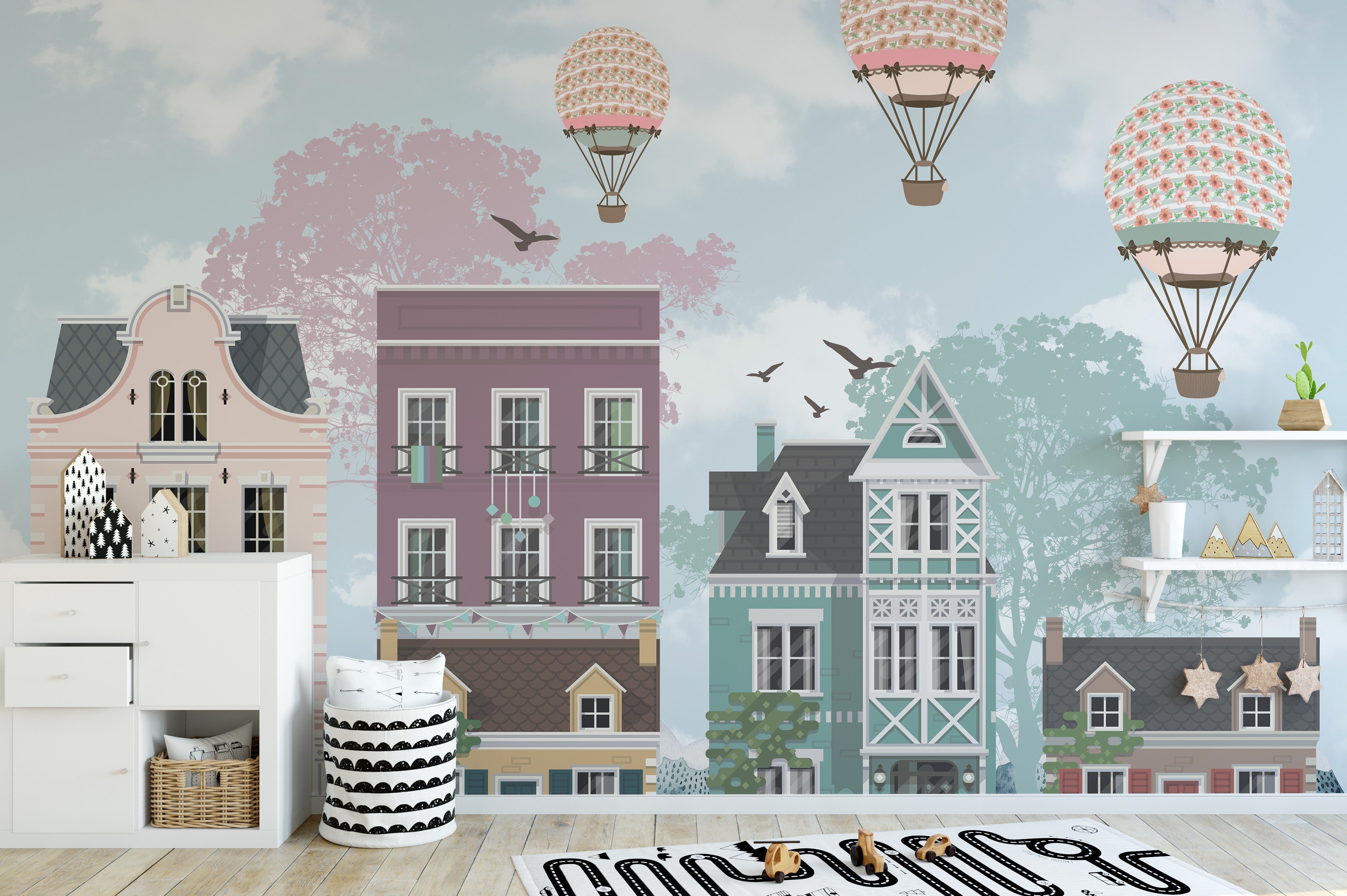 Funky City View wallpaper transforms nursery decor