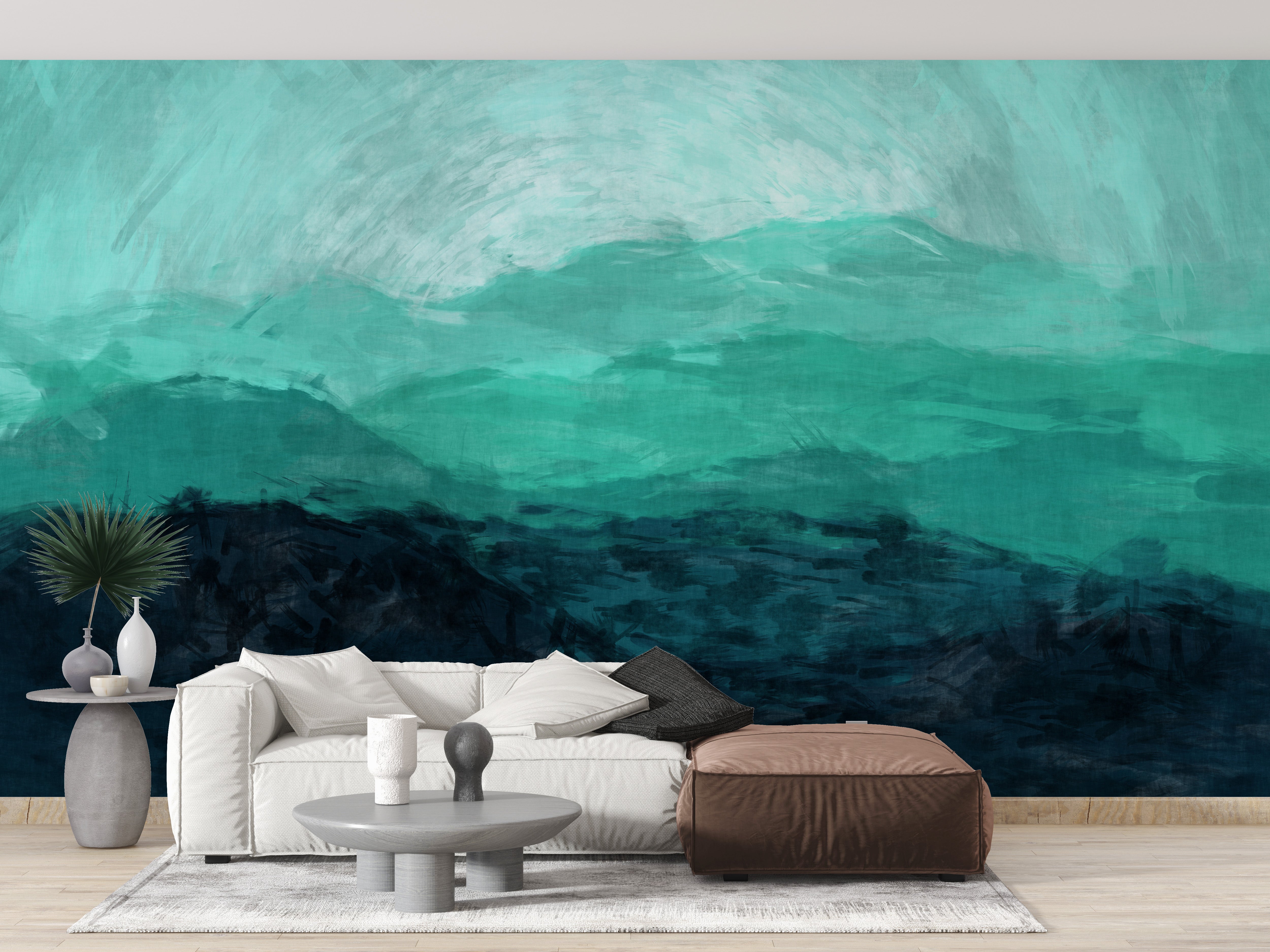 Sea Green Watercolor Mountain Ranges Wallpaper Murals - Giffywalls