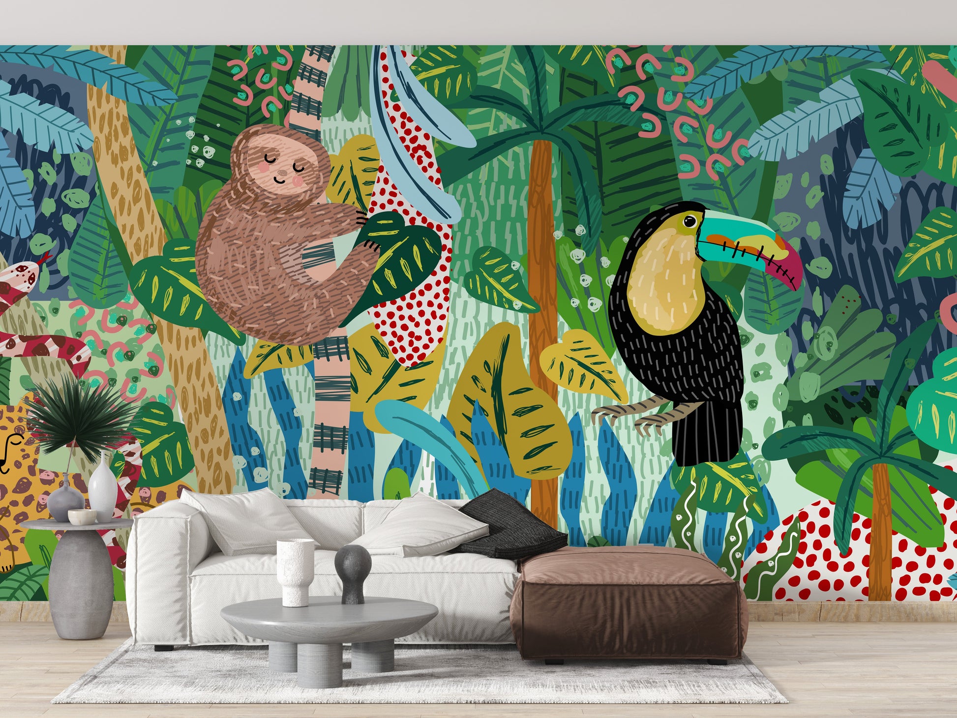 Monkey & Toucan with Leopard Abstract design Wallpaper Murals - Giffywalls