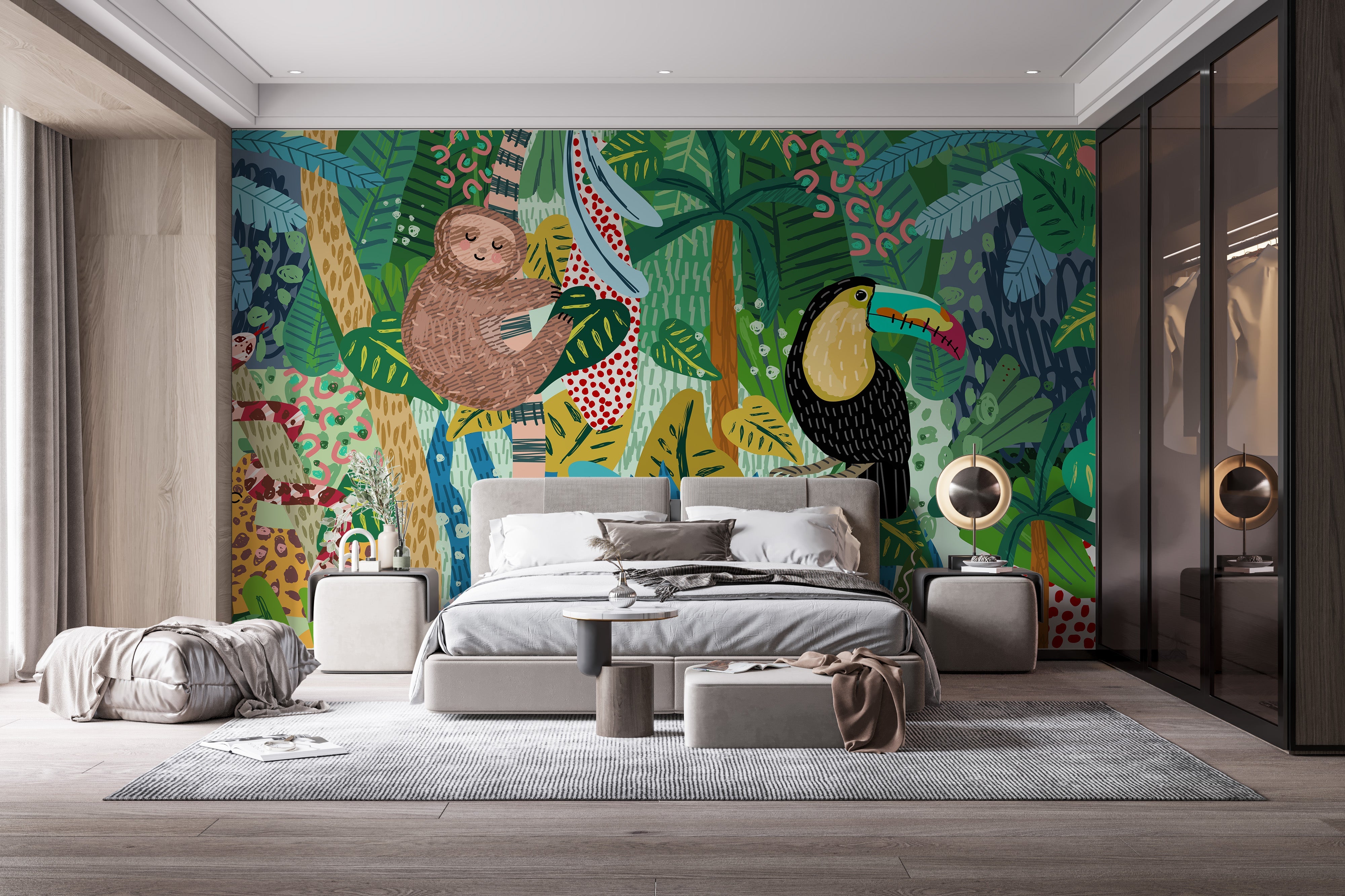 Monkey & Toucan with Leopard Abstract design Wallpaper Murals - Giffywalls