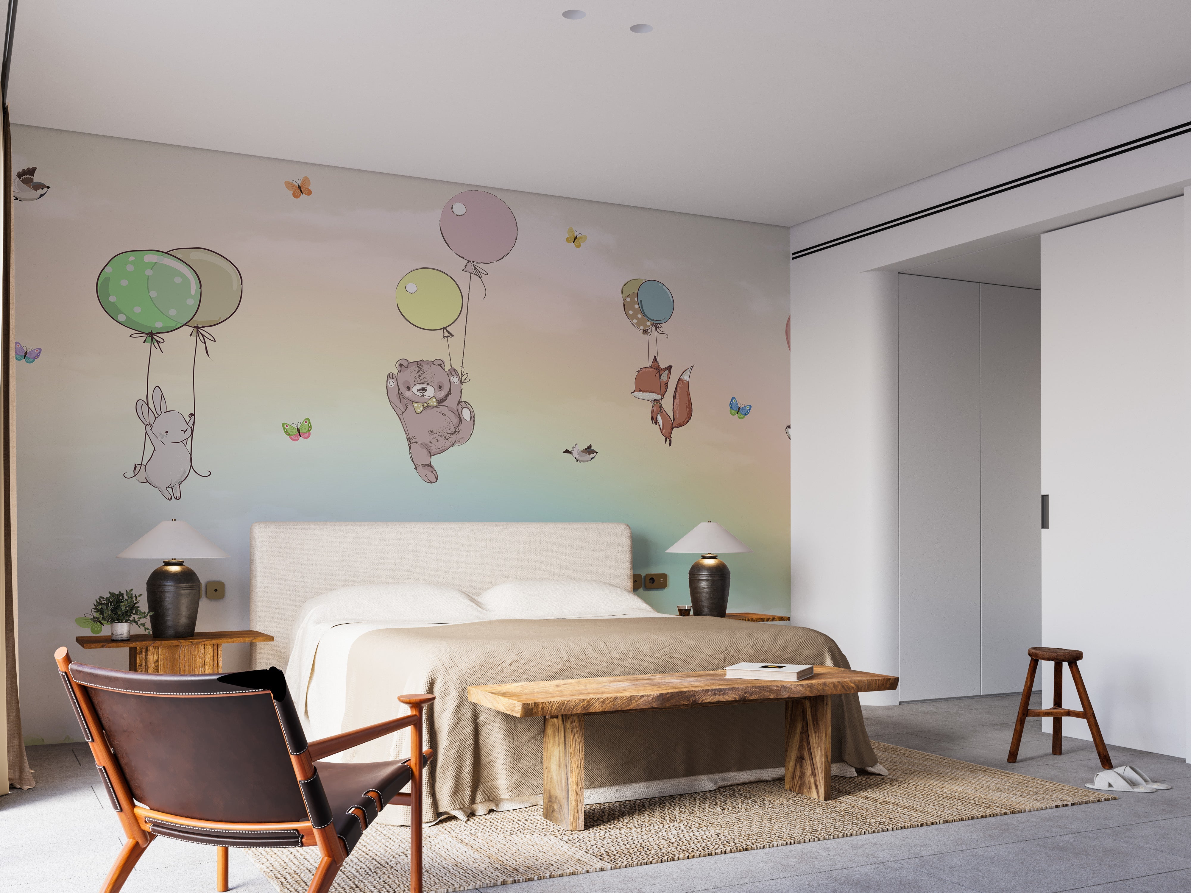 Flying Animals With Balloons Kids Room Wallpaper Mural - Giffywalls