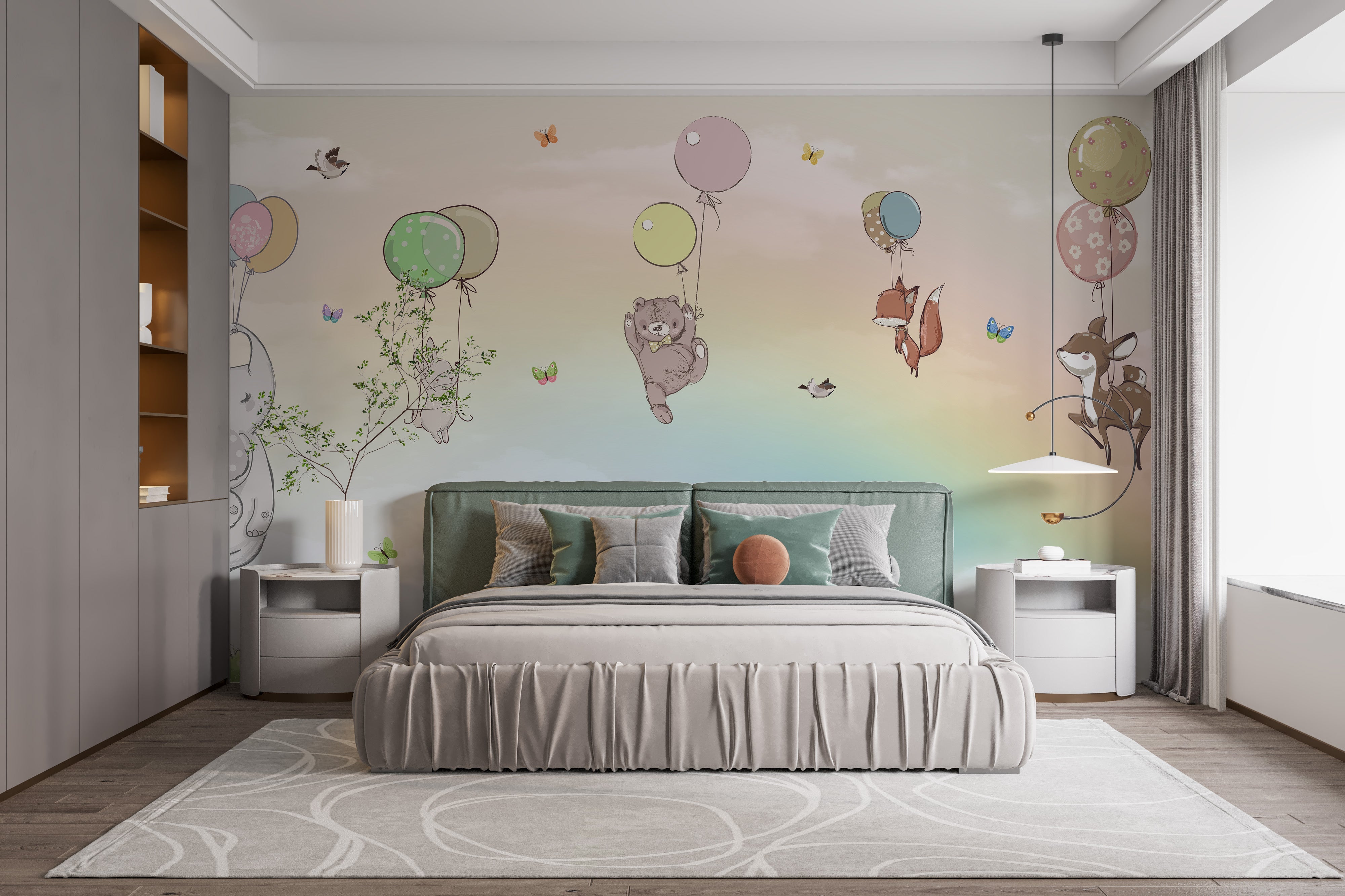 Flying Animals With Balloons Kids Room Wallpaper Mural - Giffywalls