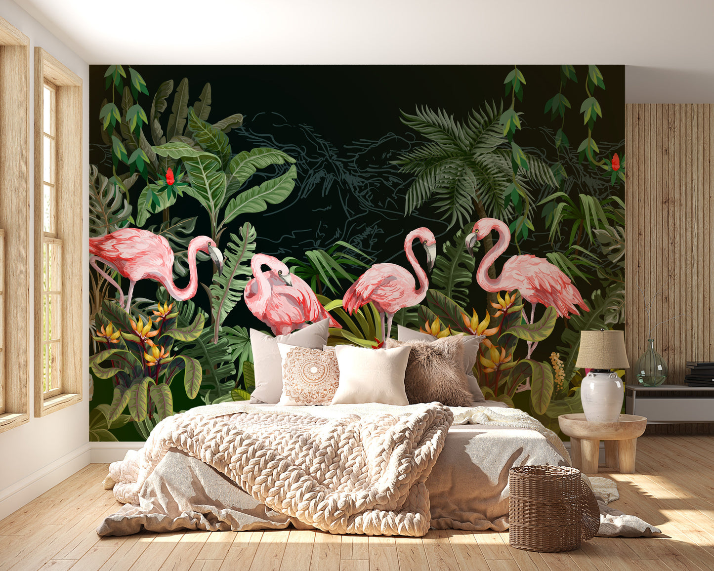 Flamingos in Dark forest wallpaper mural - Giffywalls