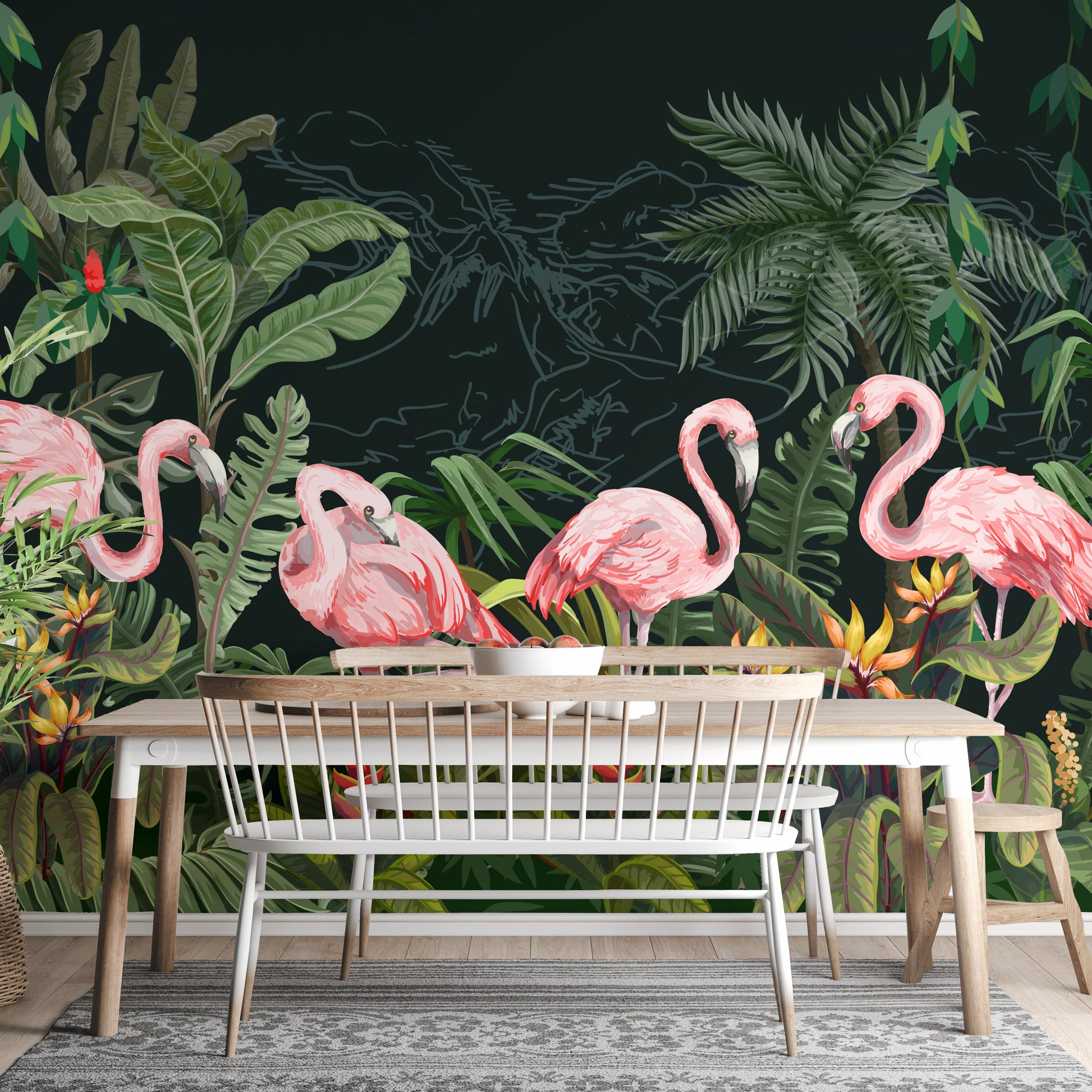 Flamingos in Dark forest wallpaper mural - Giffywalls