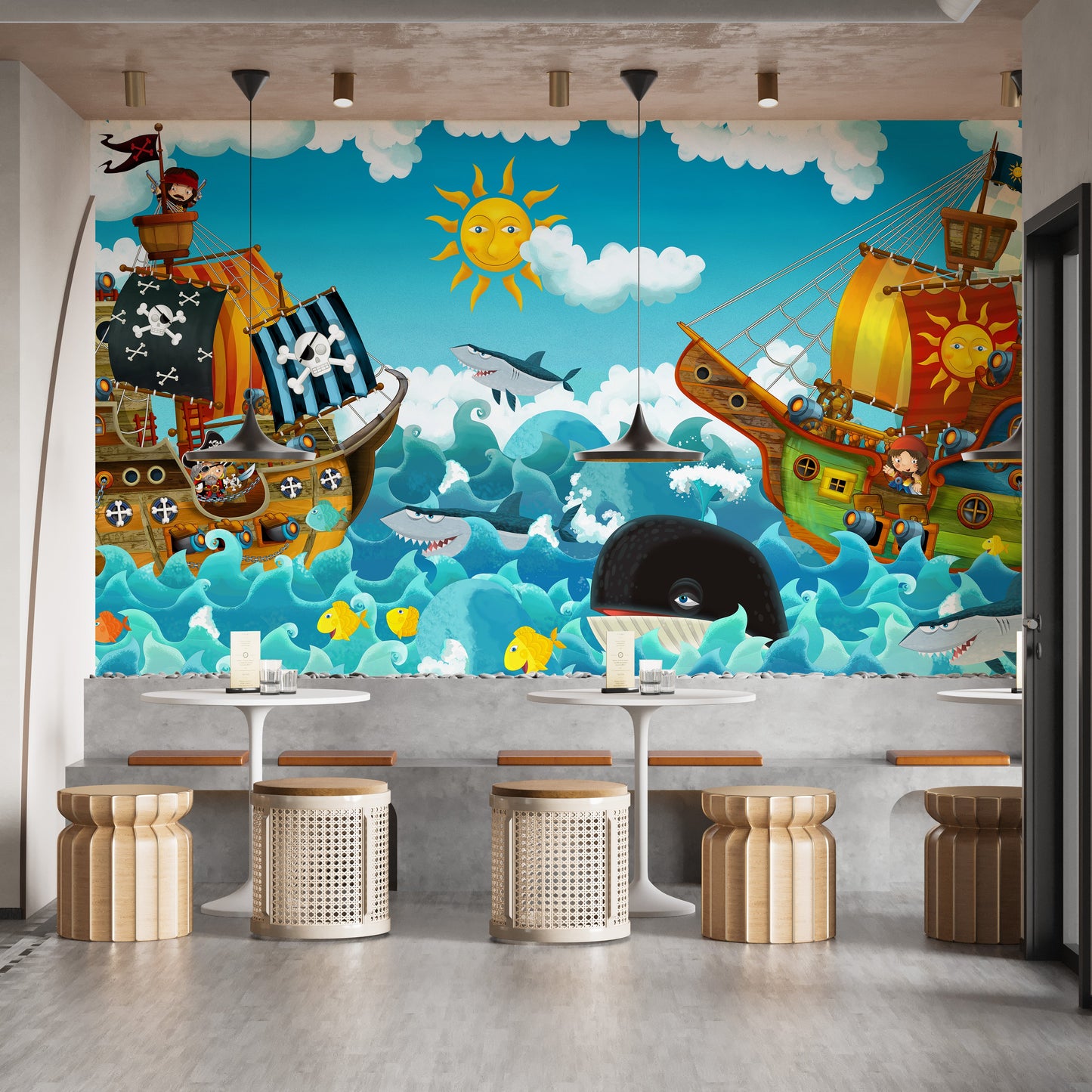 Whimsical Pirate Ships and Waves Wallpaper for kids room
