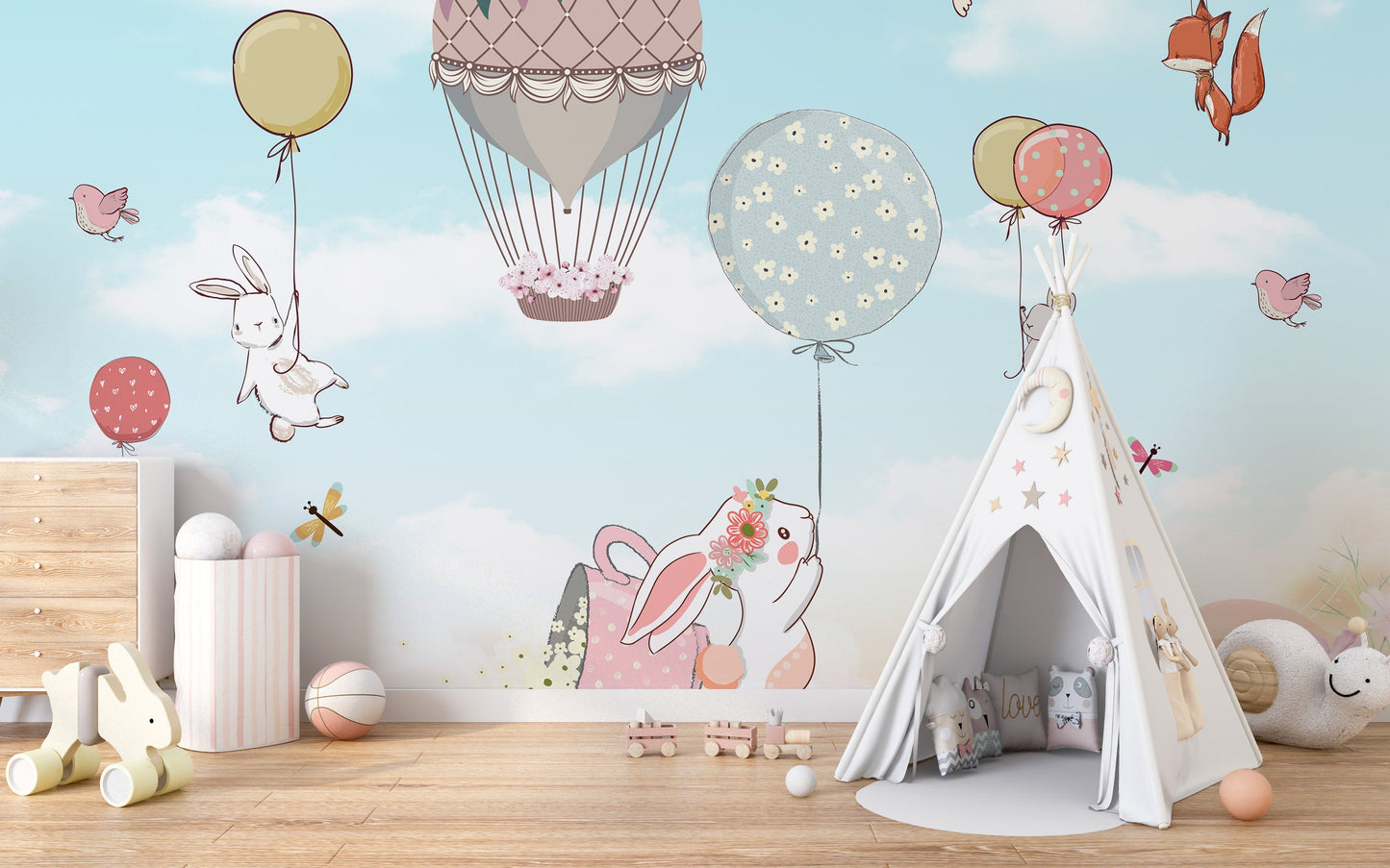 Flying Bunnies in Balloons Wall Decor