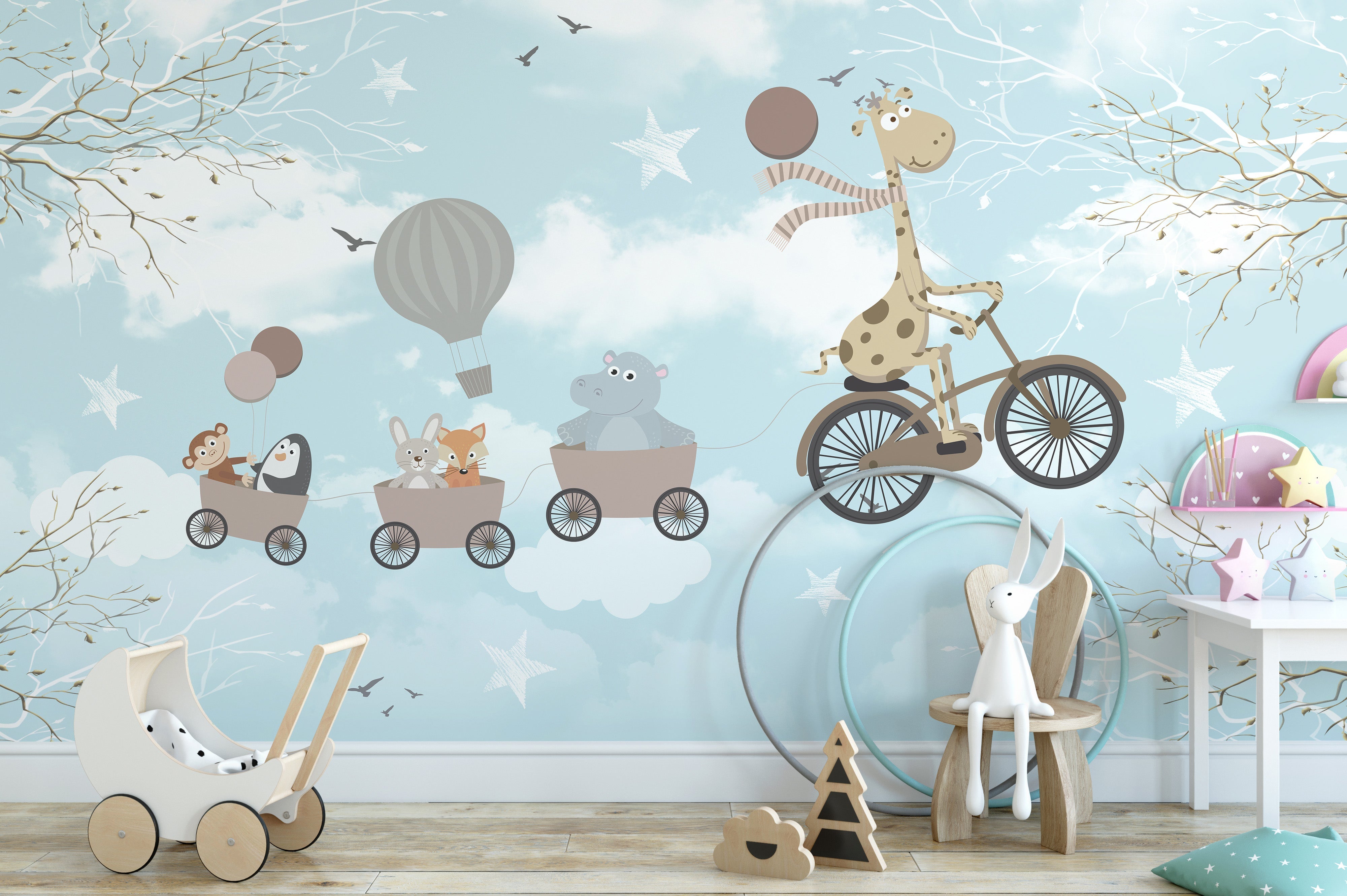 Adorable Animals Kids Room Wallpaper with Misty Sky