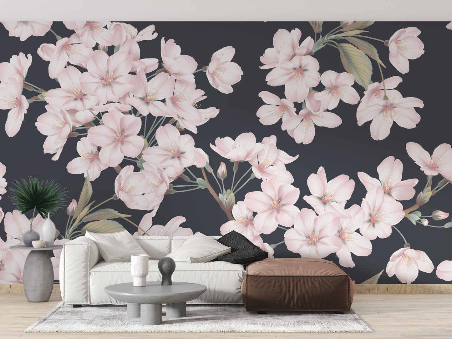 Soft pink floral wallpaper on a dark backdrop
