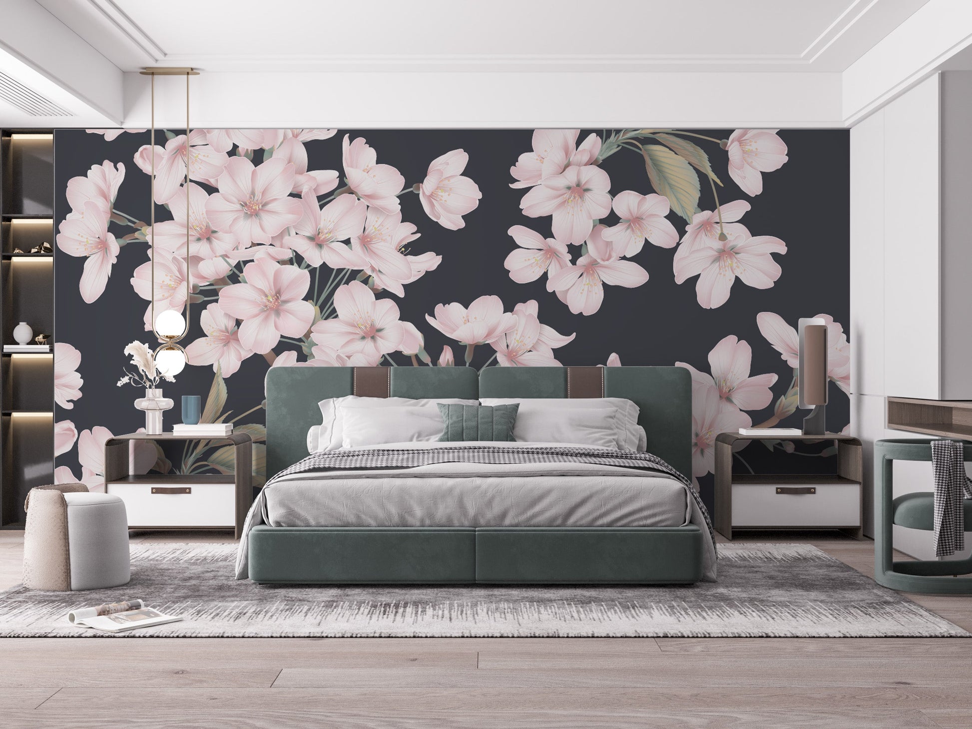 Romantic floral mural featuring pink flowers
